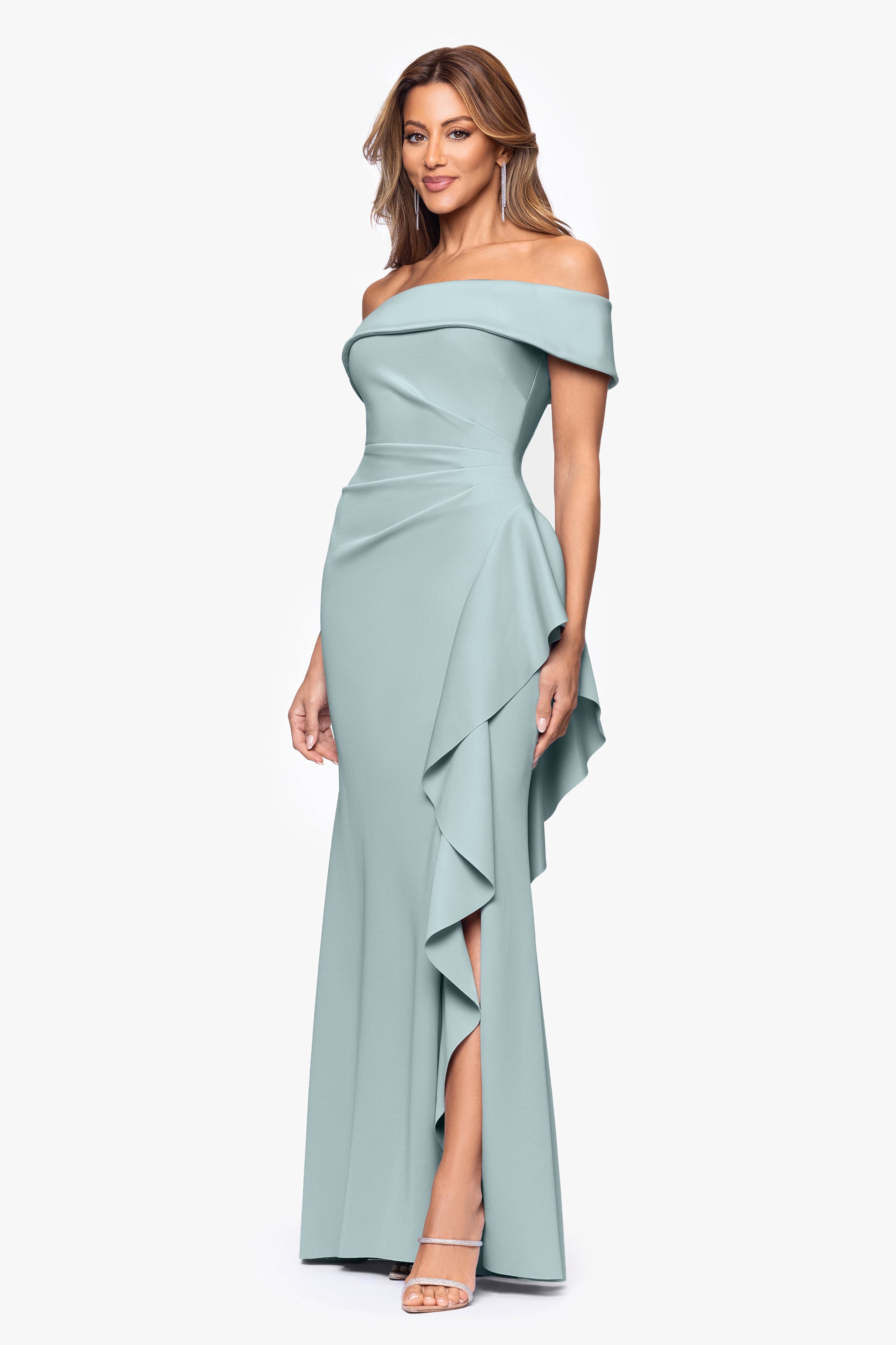 "Dolly" Techno Scuba Off the Shoulder Ruffle Floor Length Dress