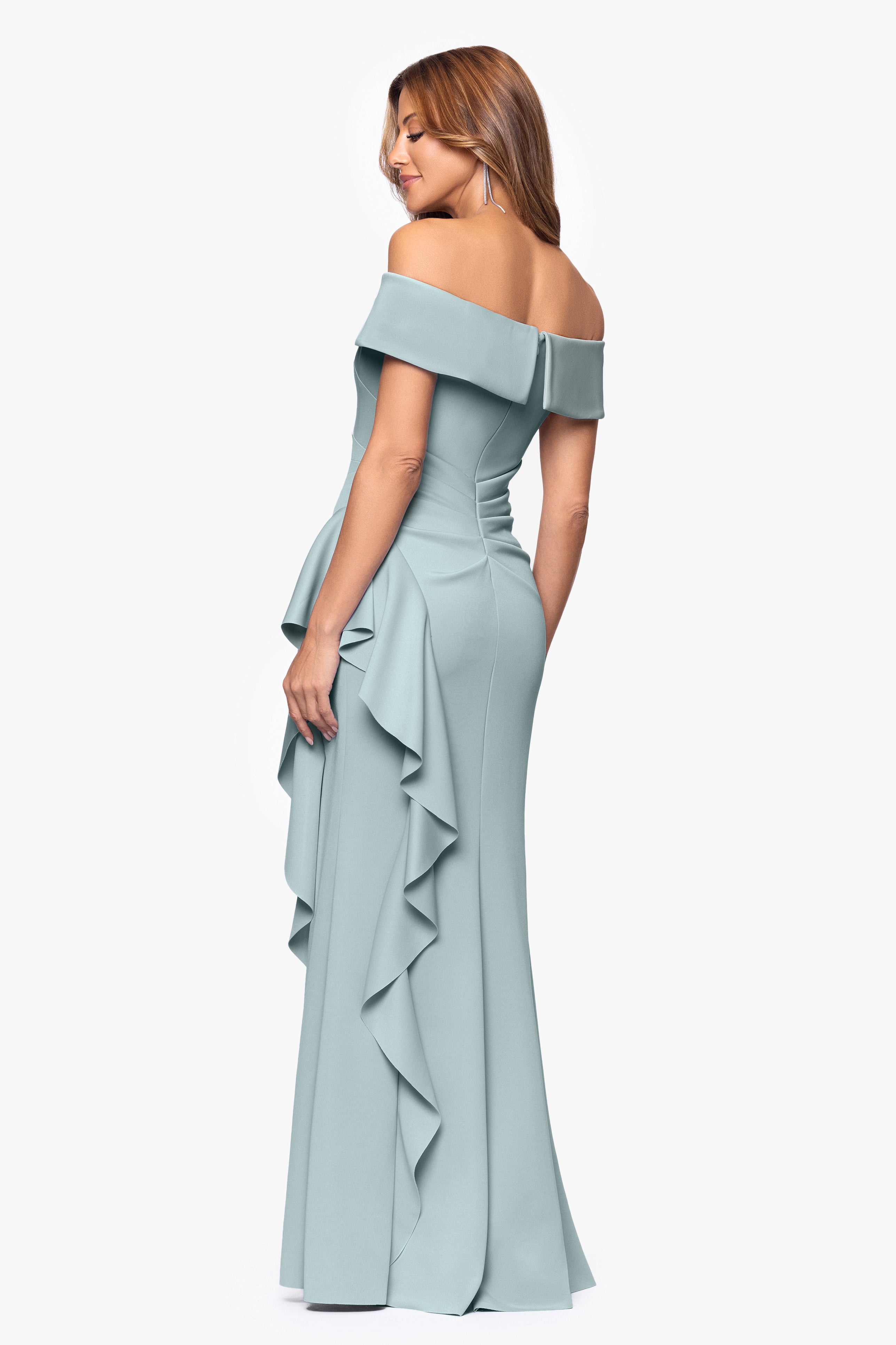 "Dolly" Techno Scuba Off the Shoulder Ruffle Floor Length Dress