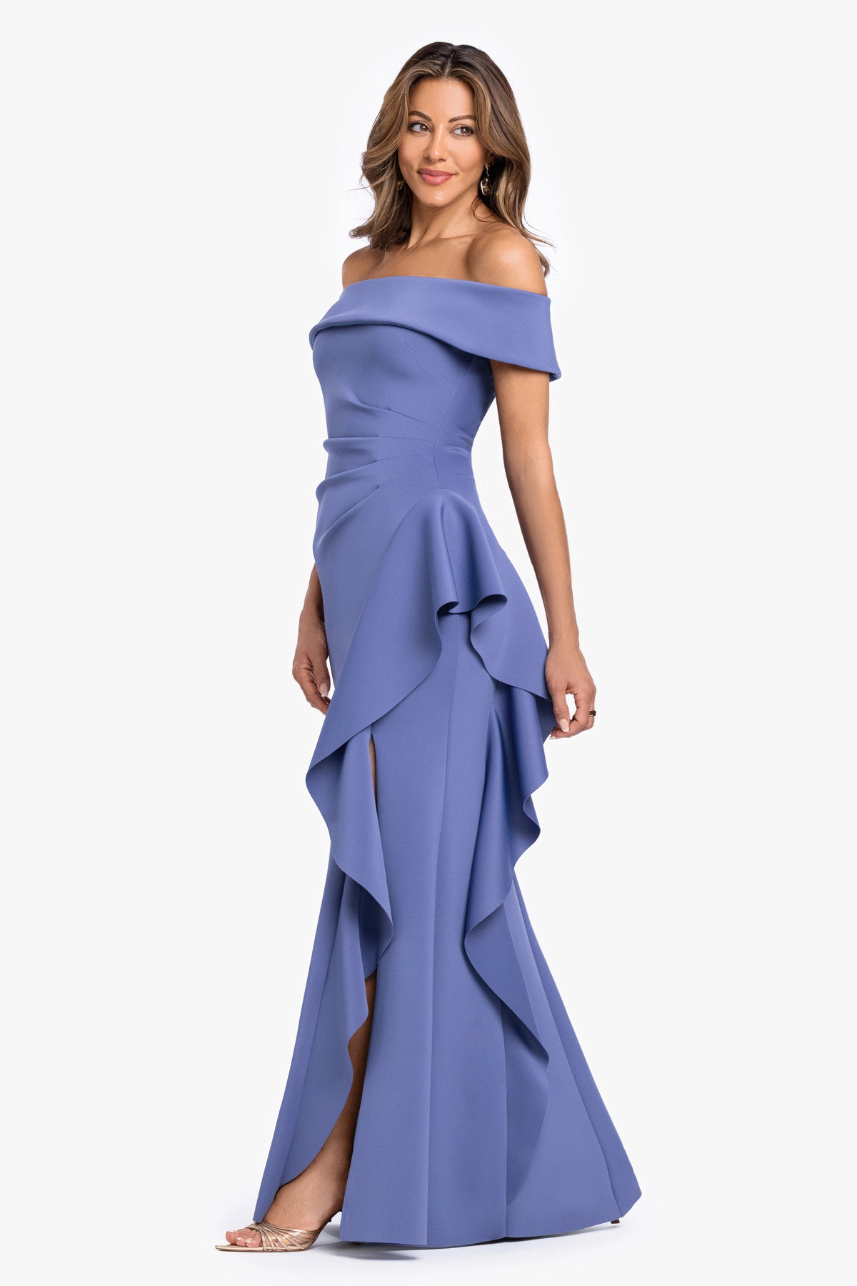 "Dolly" Techno Scuba Off The Shoulder Ruffle Dress