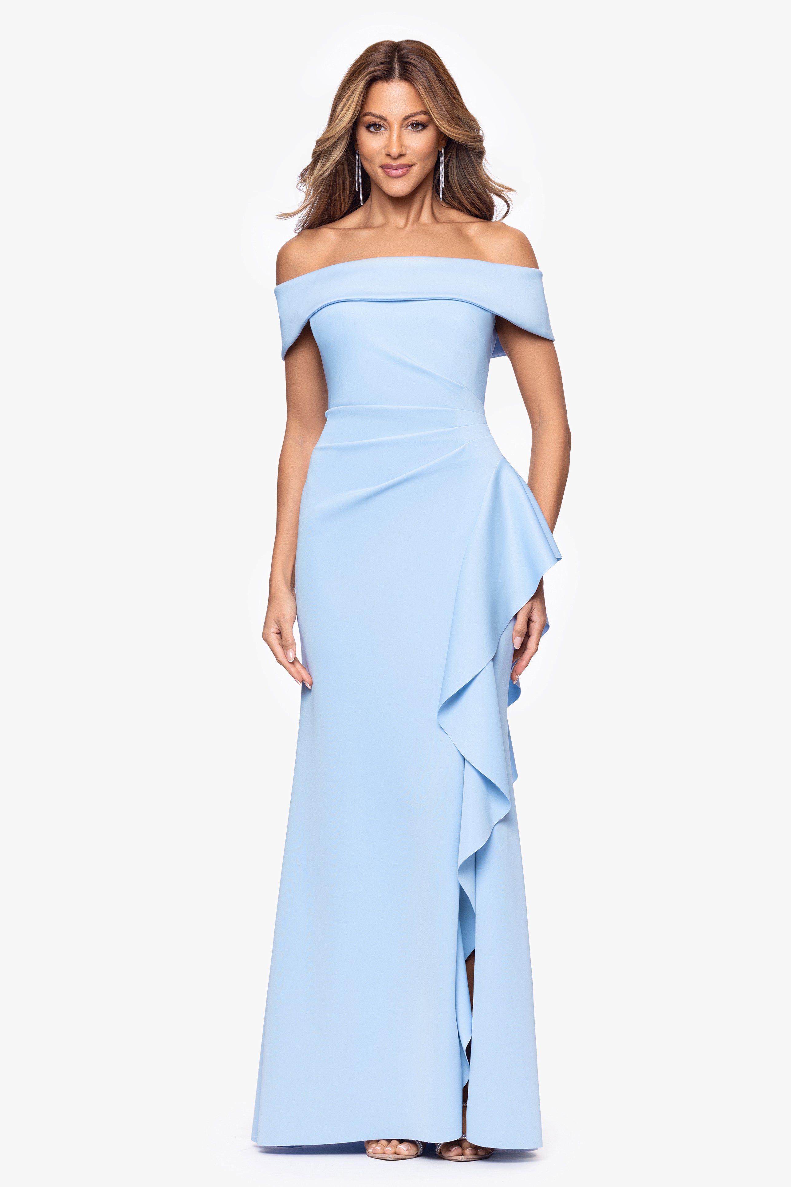"Dolly" Techno Scuba Off the Shoulder Ruffle Floor Length Dress