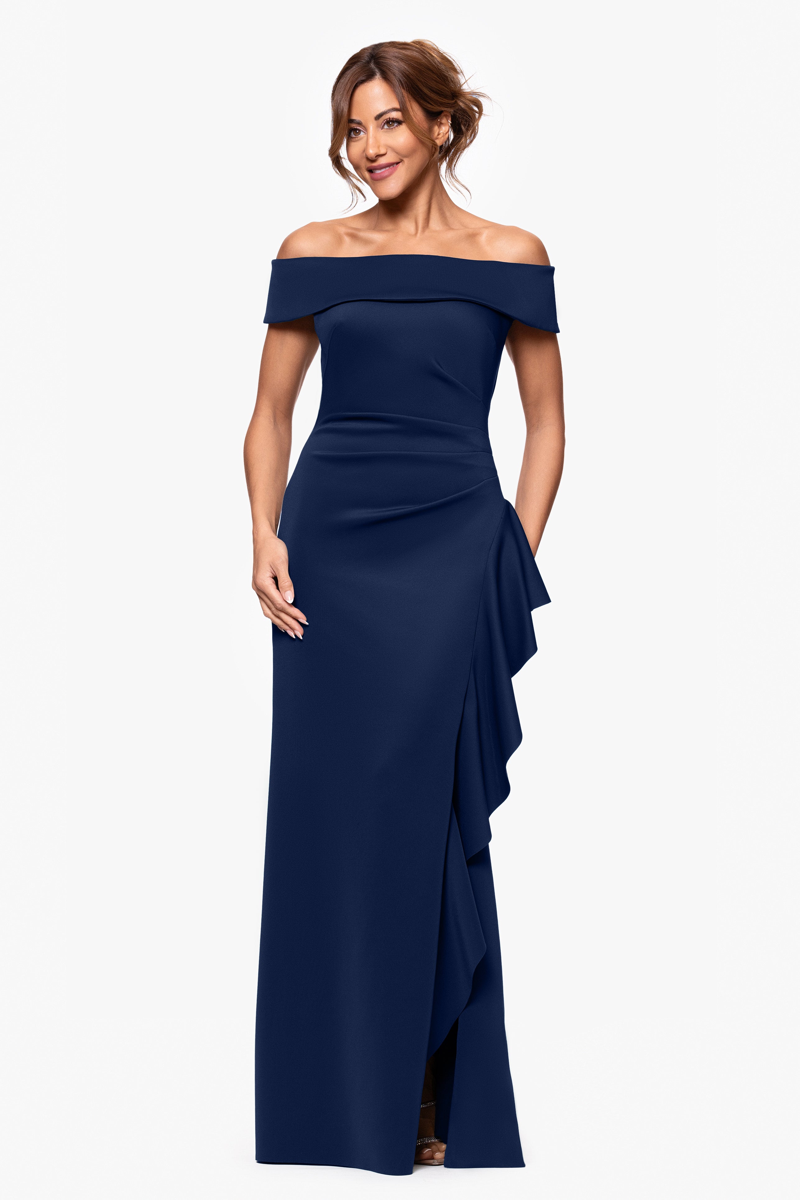 Petite "Dolly" Techno Scuba Off the Shoulder Ruffle Floor Length Dress