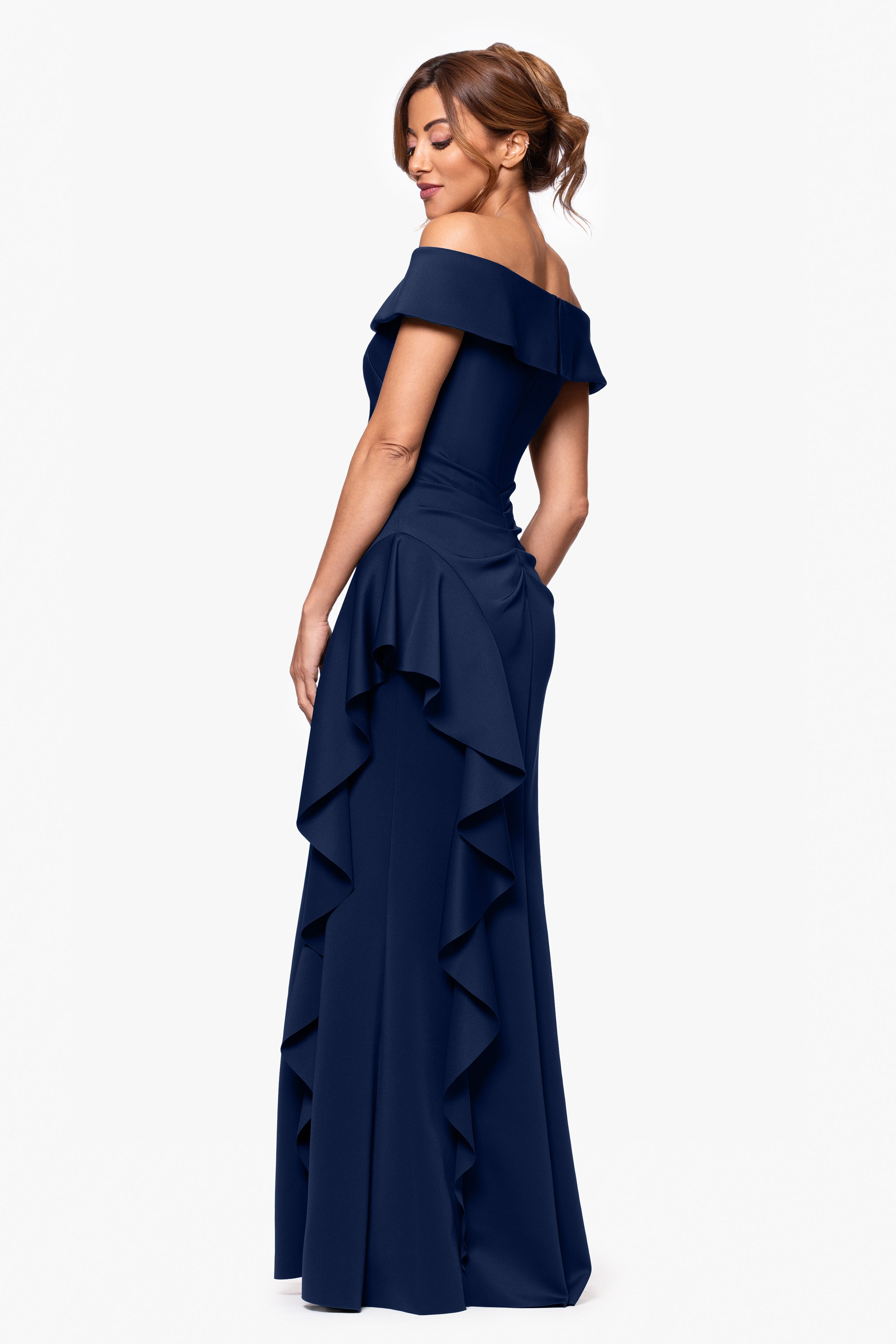 "Dolly" Techno Scuba Off the Shoulder Ruffle Floor Length Dress