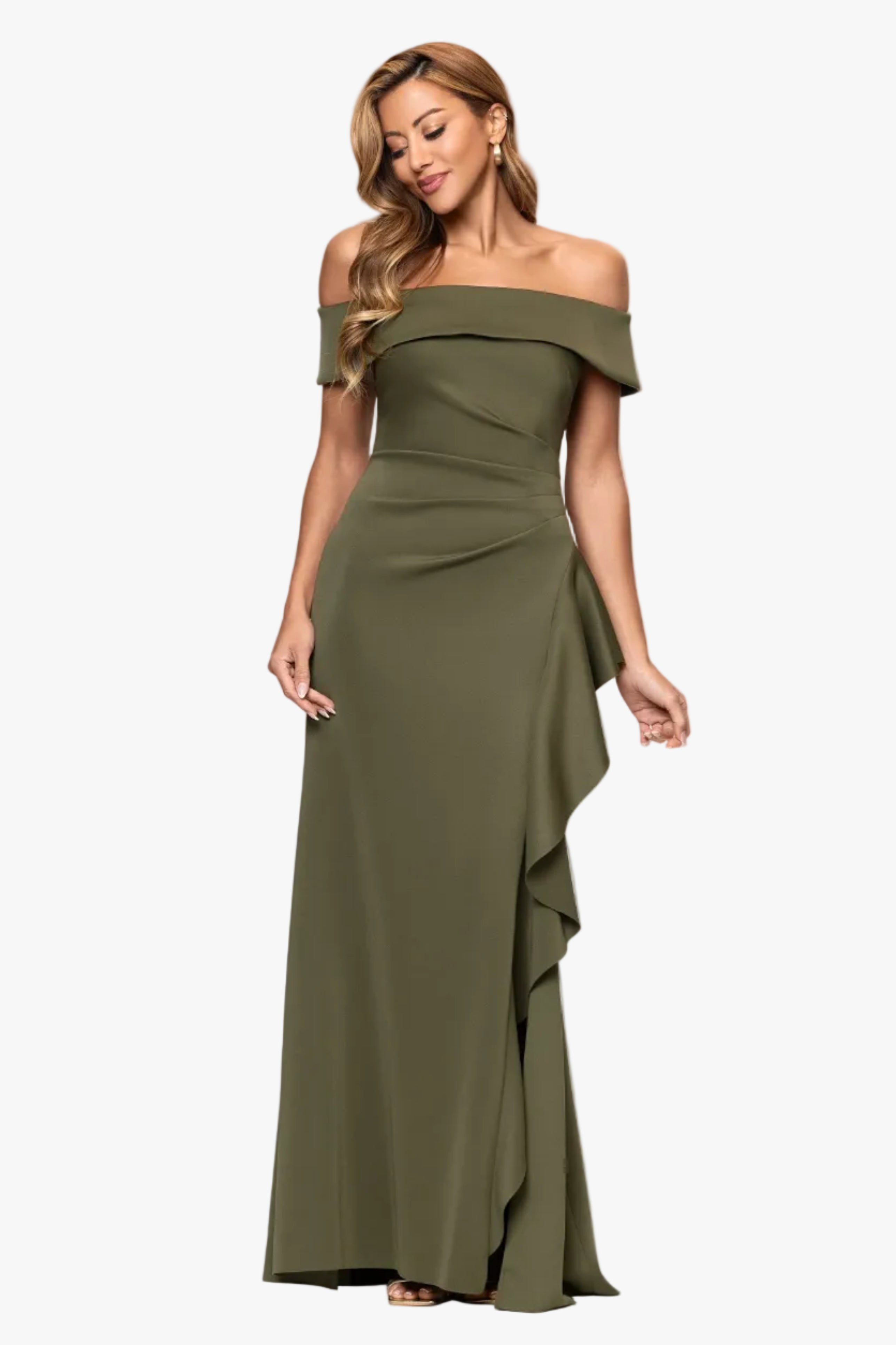 "Dolly" Techno Scuba Off the Shoulder Ruffle Floor Length Dress