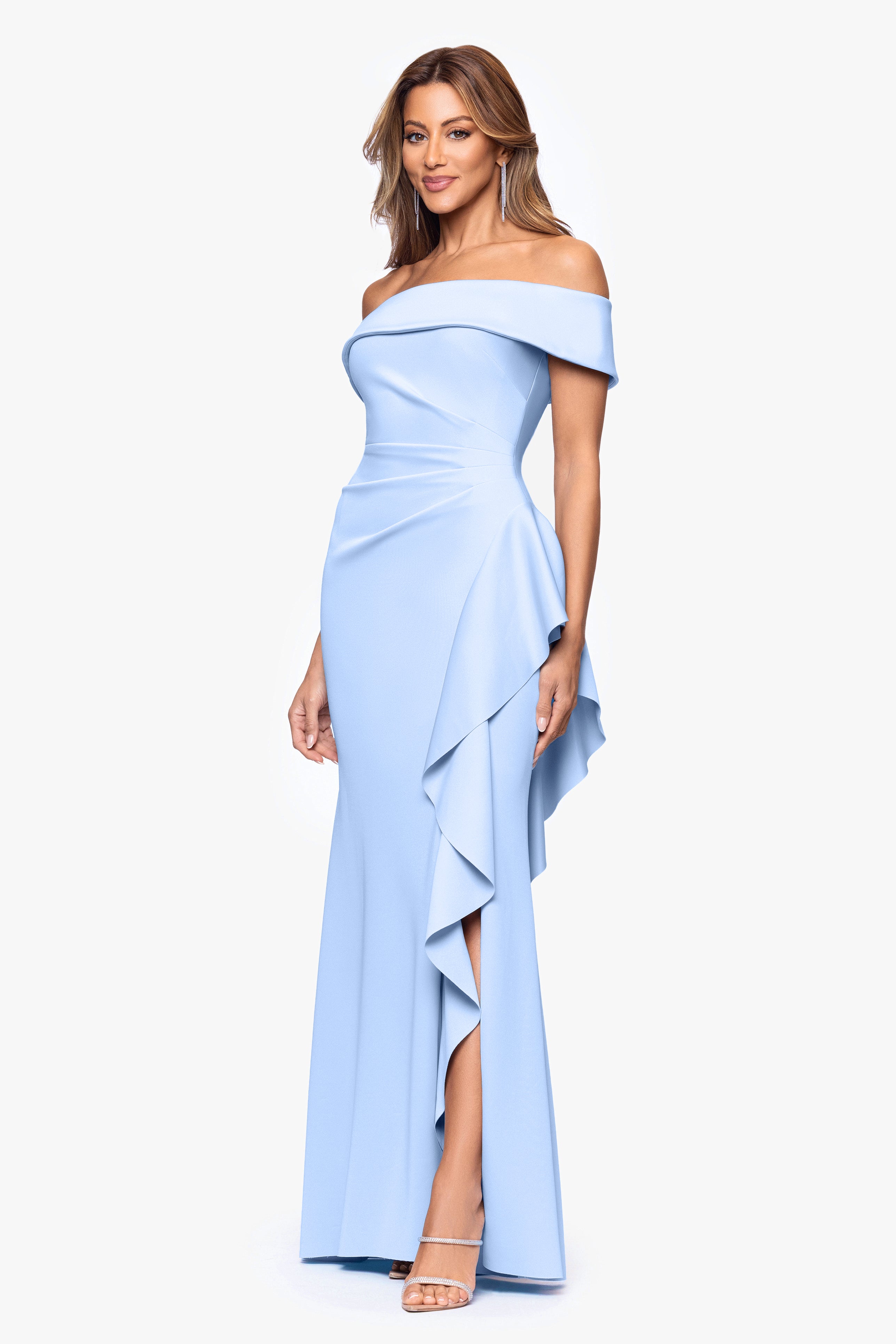 "Dolly" Techno Scuba Off the Shoulder Ruffle Floor Length Dress