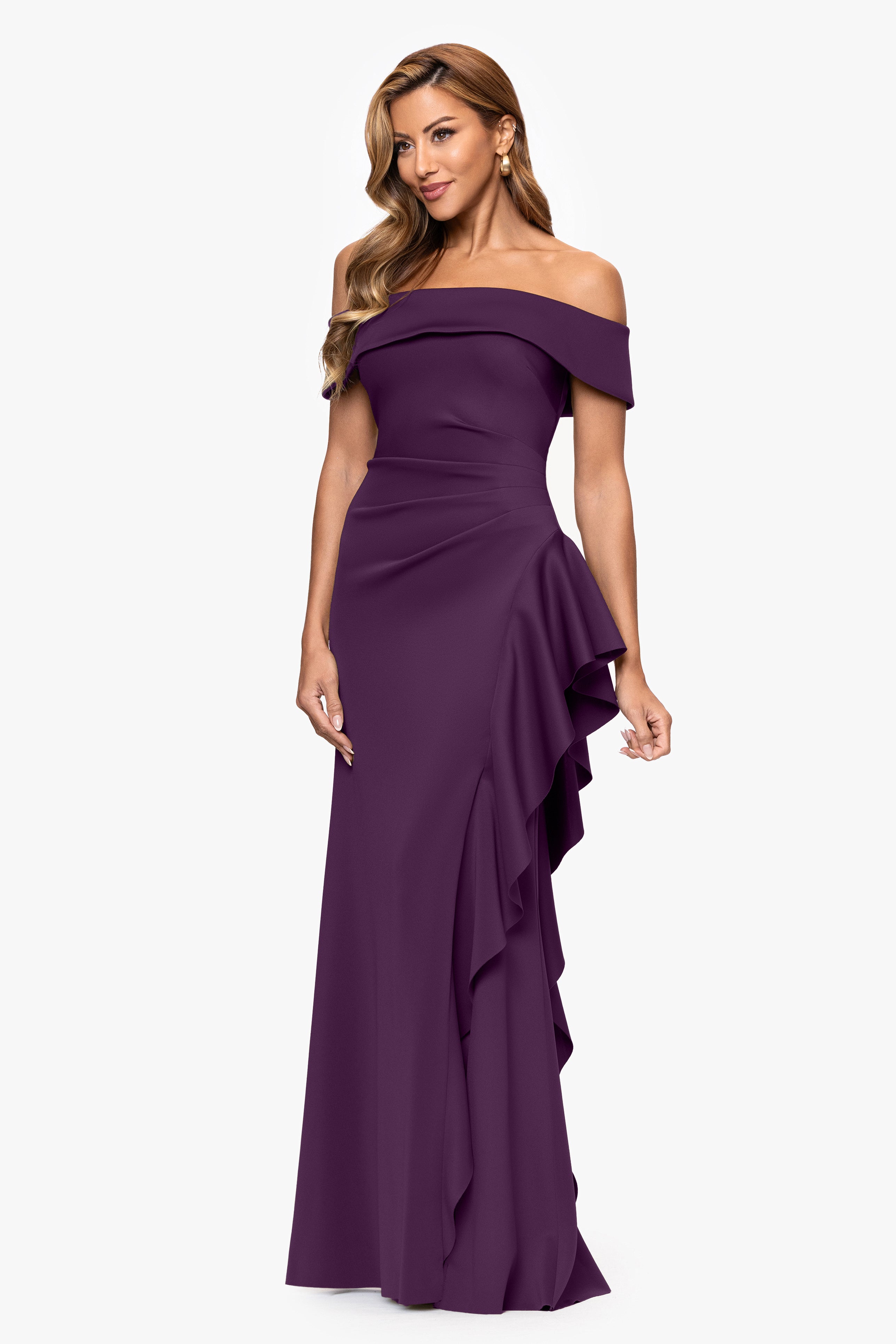 "Dolly" Techno Scuba Off the Shoulder Ruffle Floor Length Dress