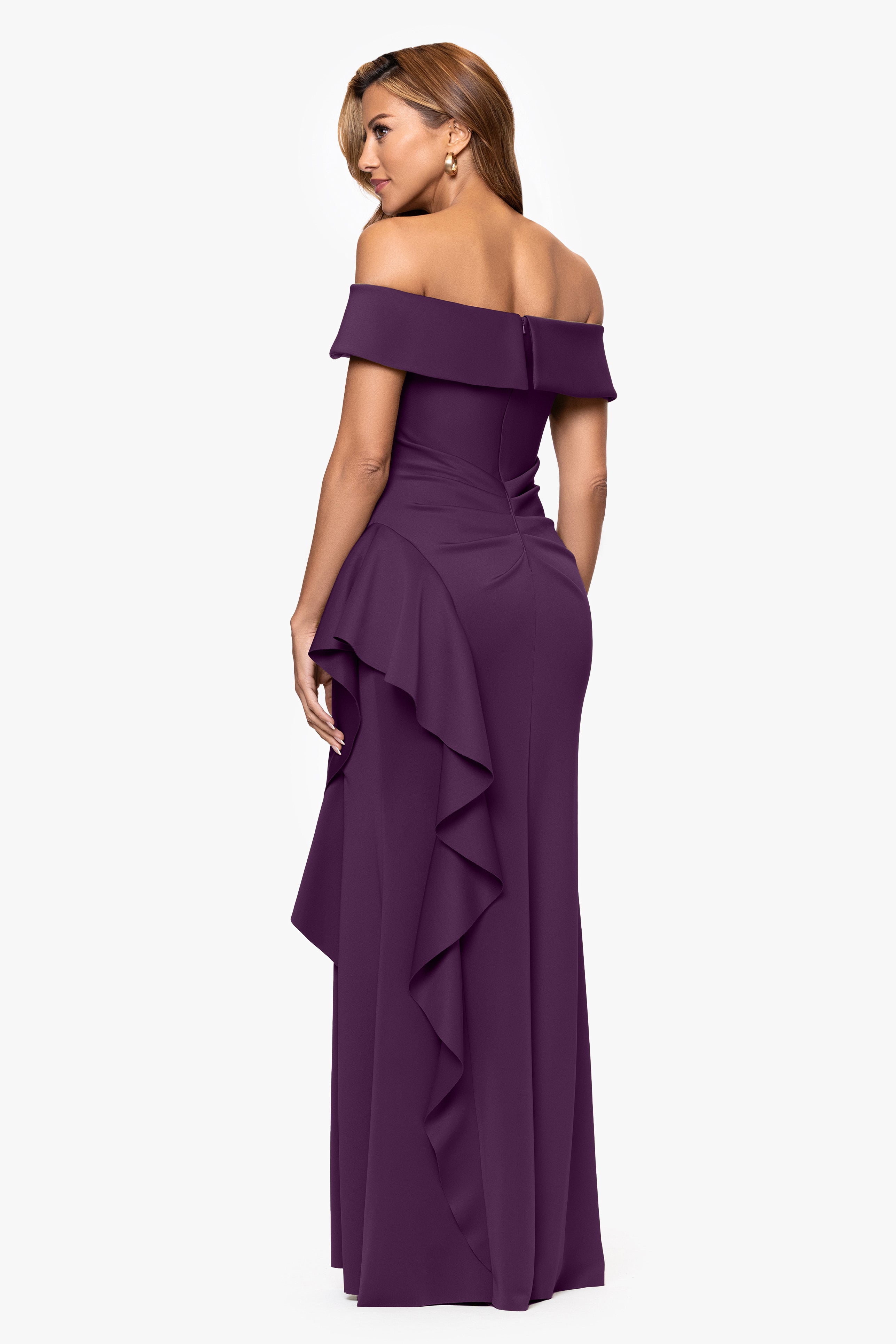 "Dolly" Techno Scuba Off the Shoulder Ruffle Floor Length Dress