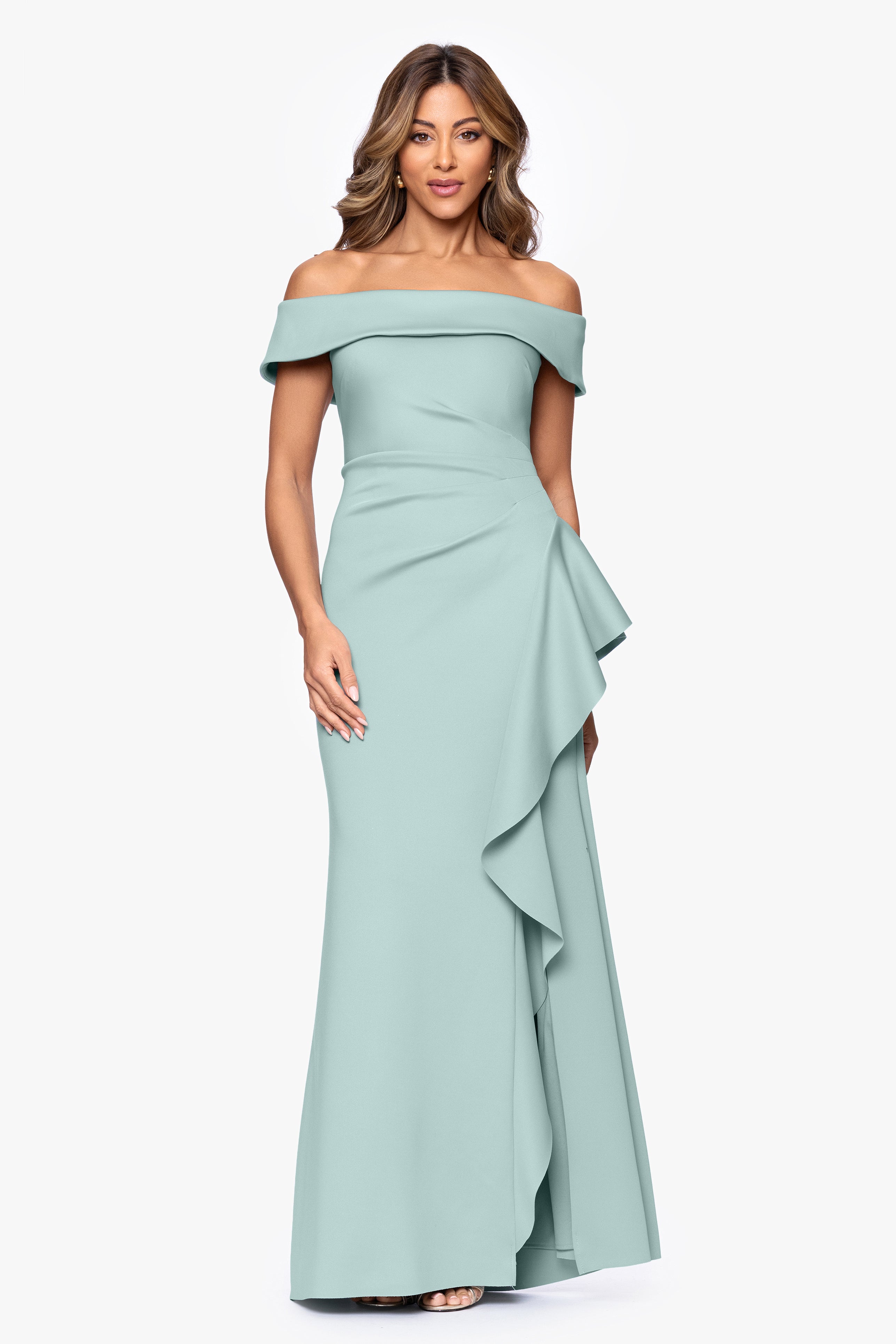 Petite "Dolly" Techno Scuba Off The Shoulder Ruffle Dress
