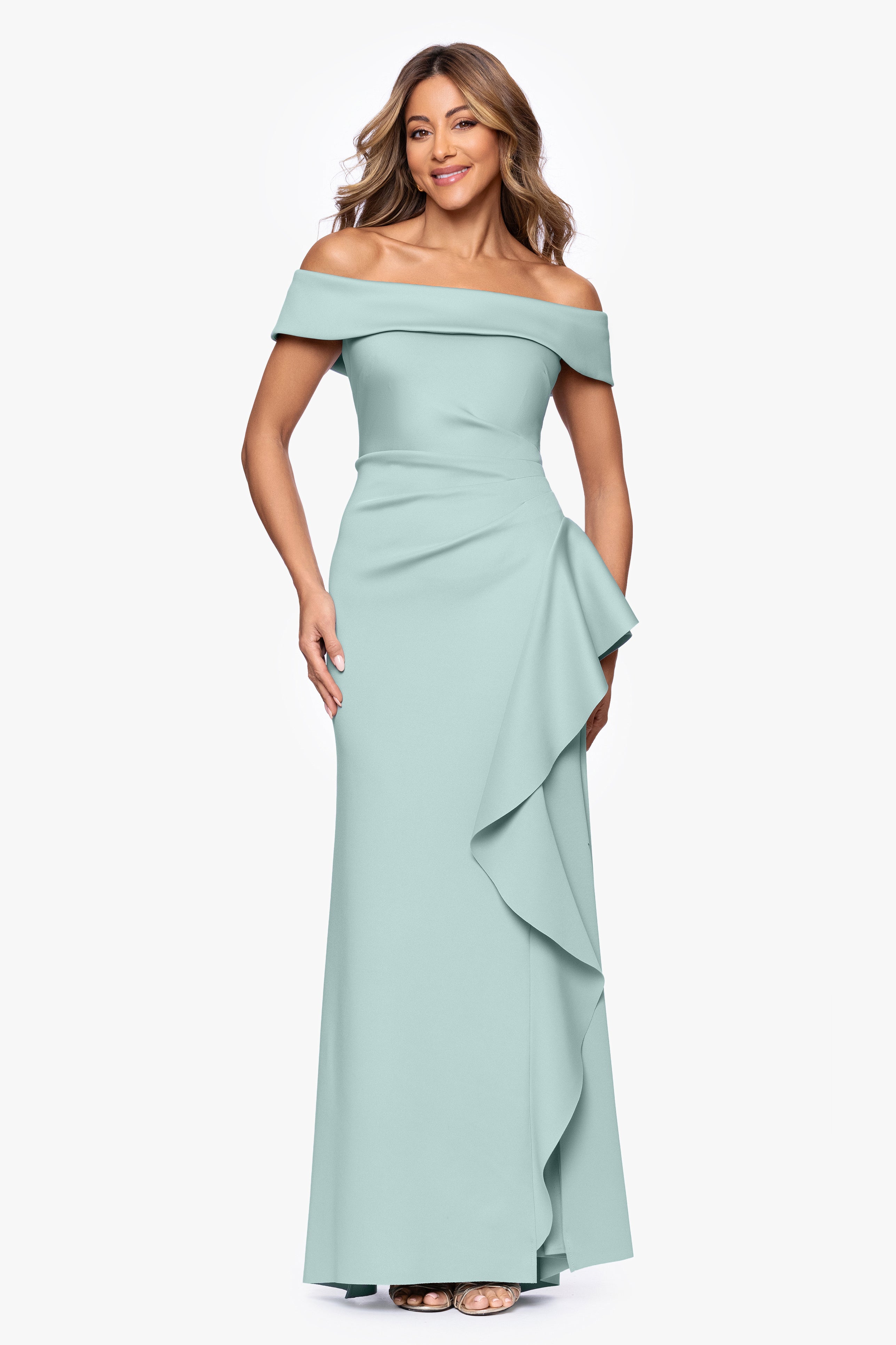 Petite "Dolly" Techno Scuba Off The Shoulder Ruffle Dress