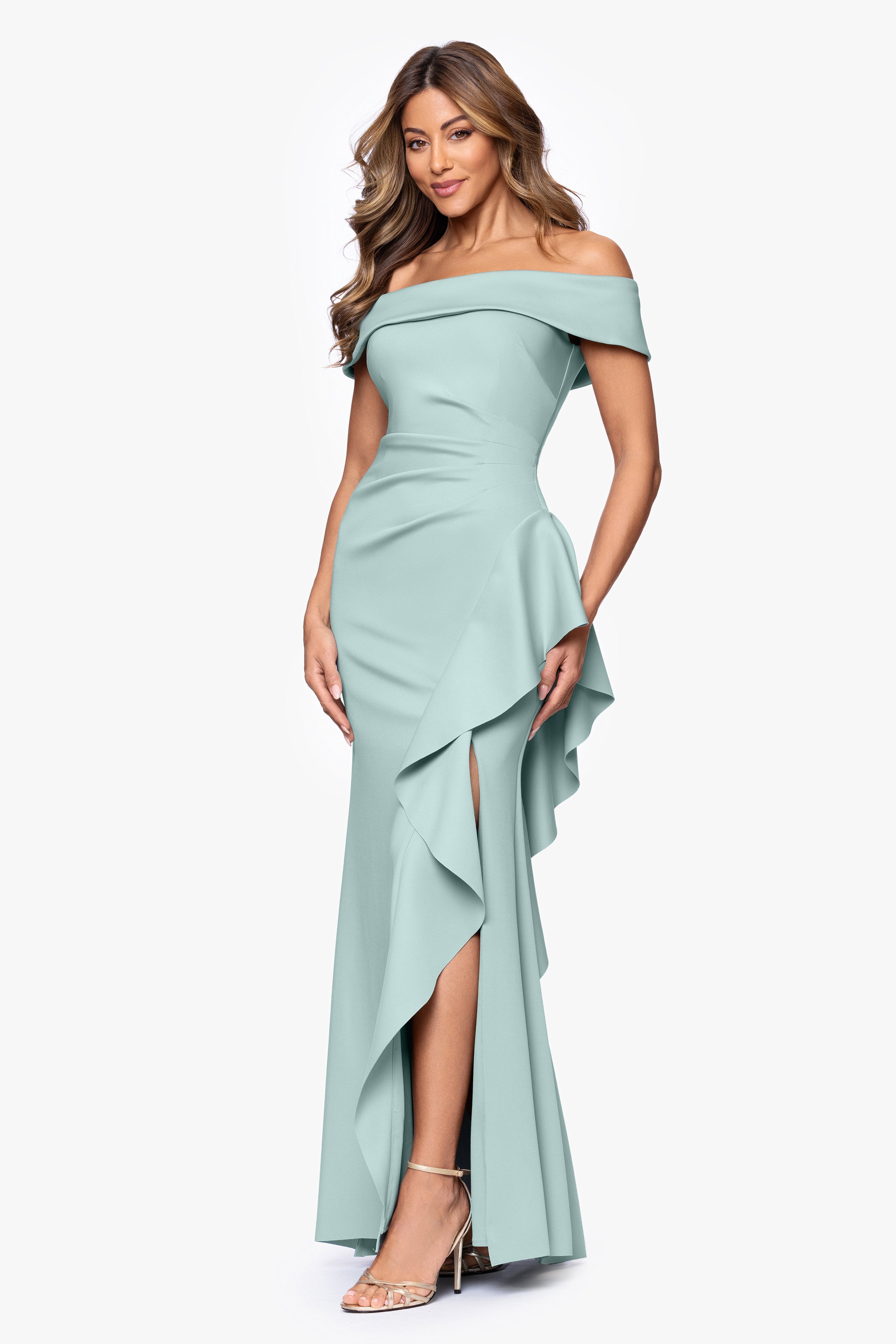 Petite "Dolly" Techno Scuba Off the Shoulder Ruffle Floor Length Dress