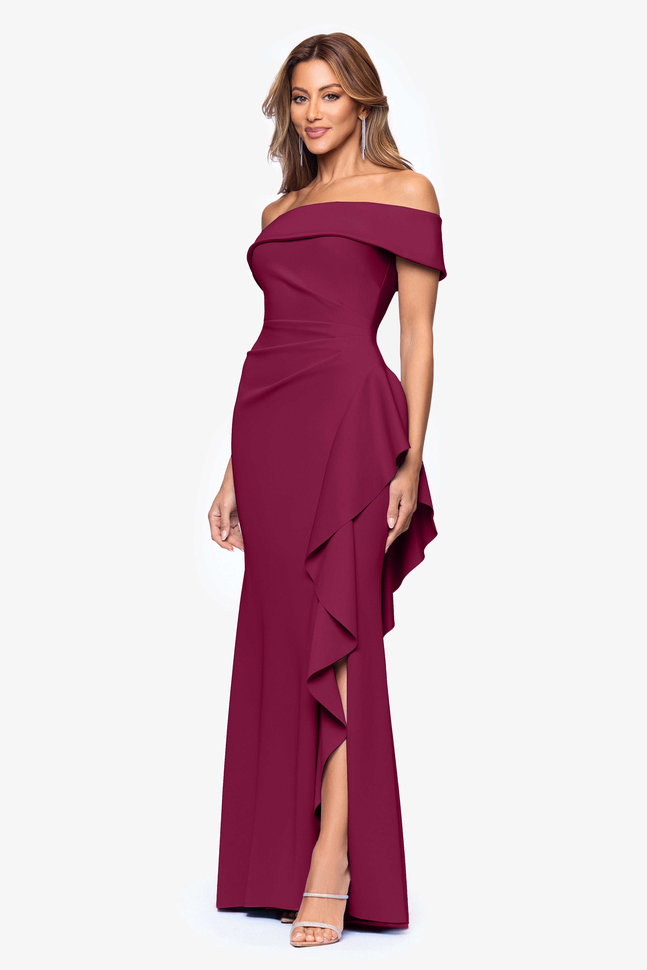 "Dolly" Techno Scuba Off the Shoulder Ruffle Floor Length Dress