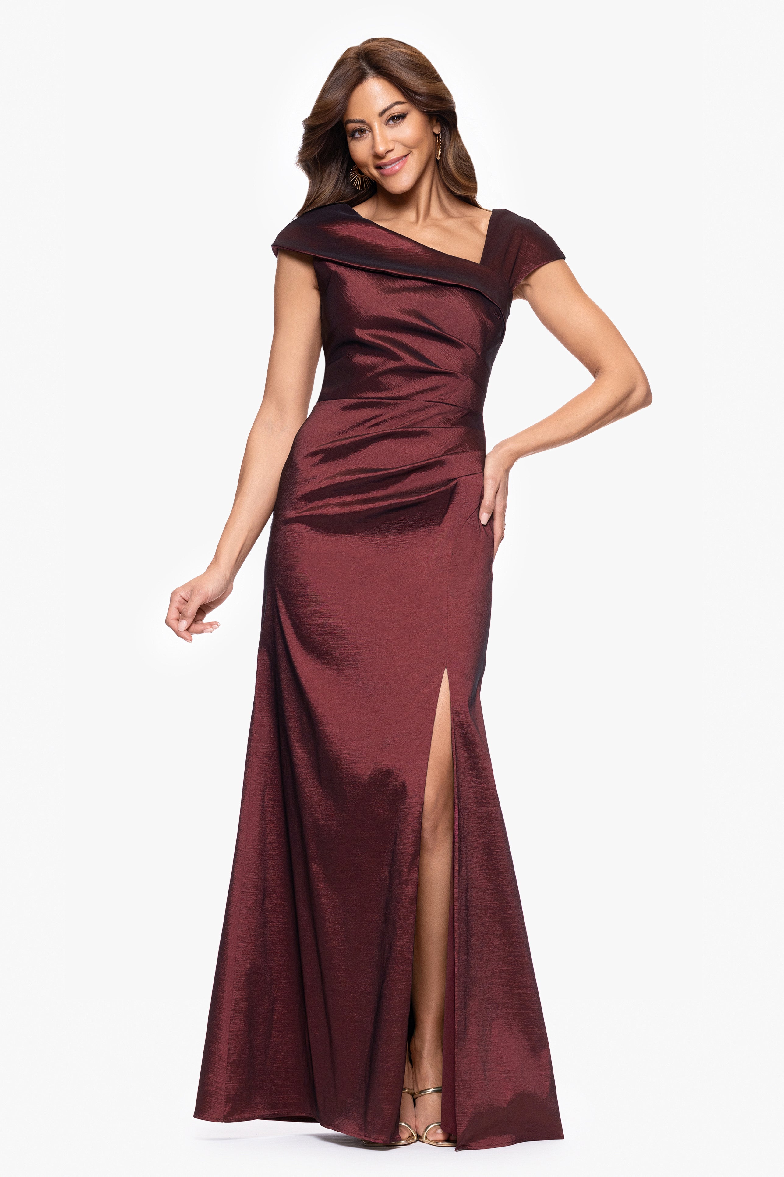 Petite "Paulina" Taffeta Short Sleeve Asymmetric Neckline Floor Length Dress