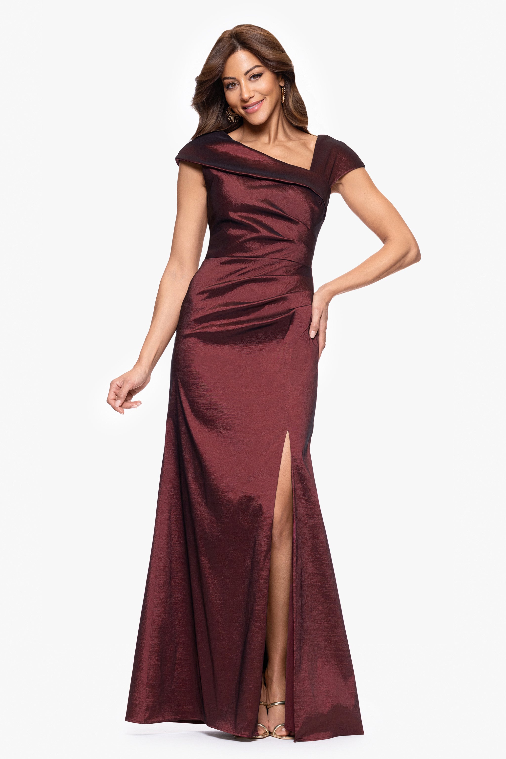 "Paulina" Taffeta Short Sleeve Asymmetric Neckline Floor Length Dress