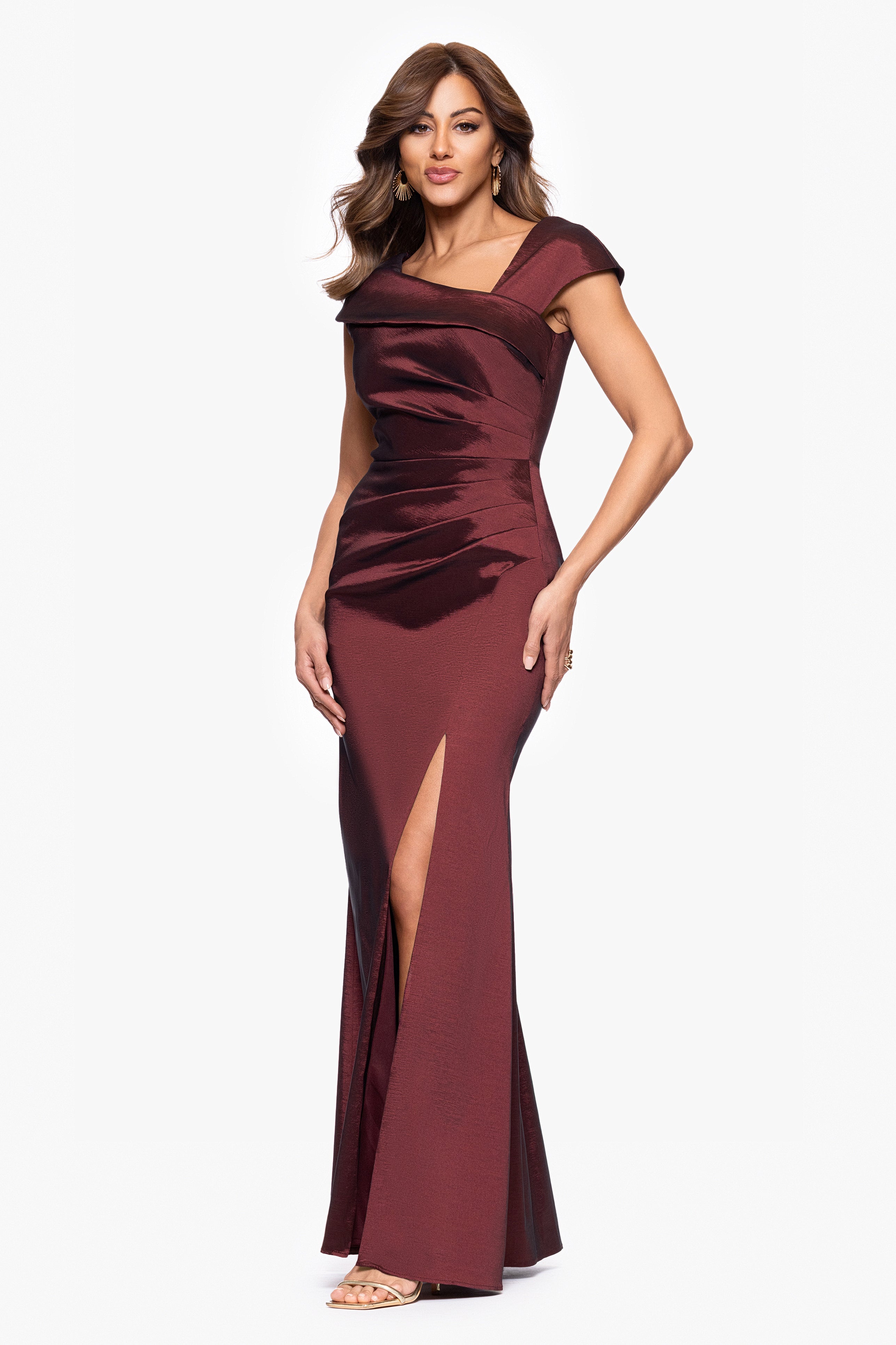 Petite "Paulina" Taffeta Short Sleeve Asymmetric Neckline Floor Length Dress