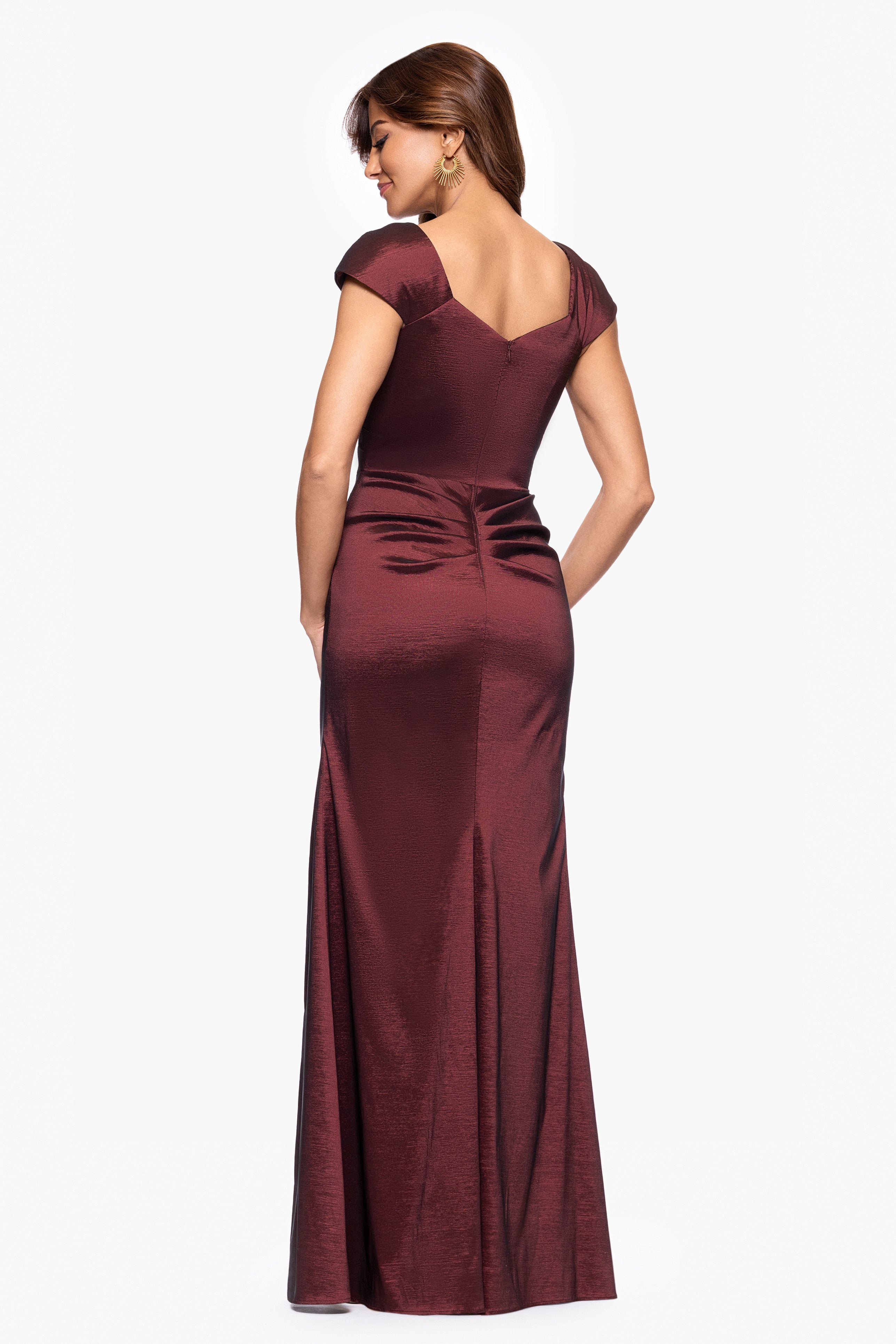 Petite "Paulina" Taffeta Short Sleeve Asymmetric Neckline Floor Length Dress