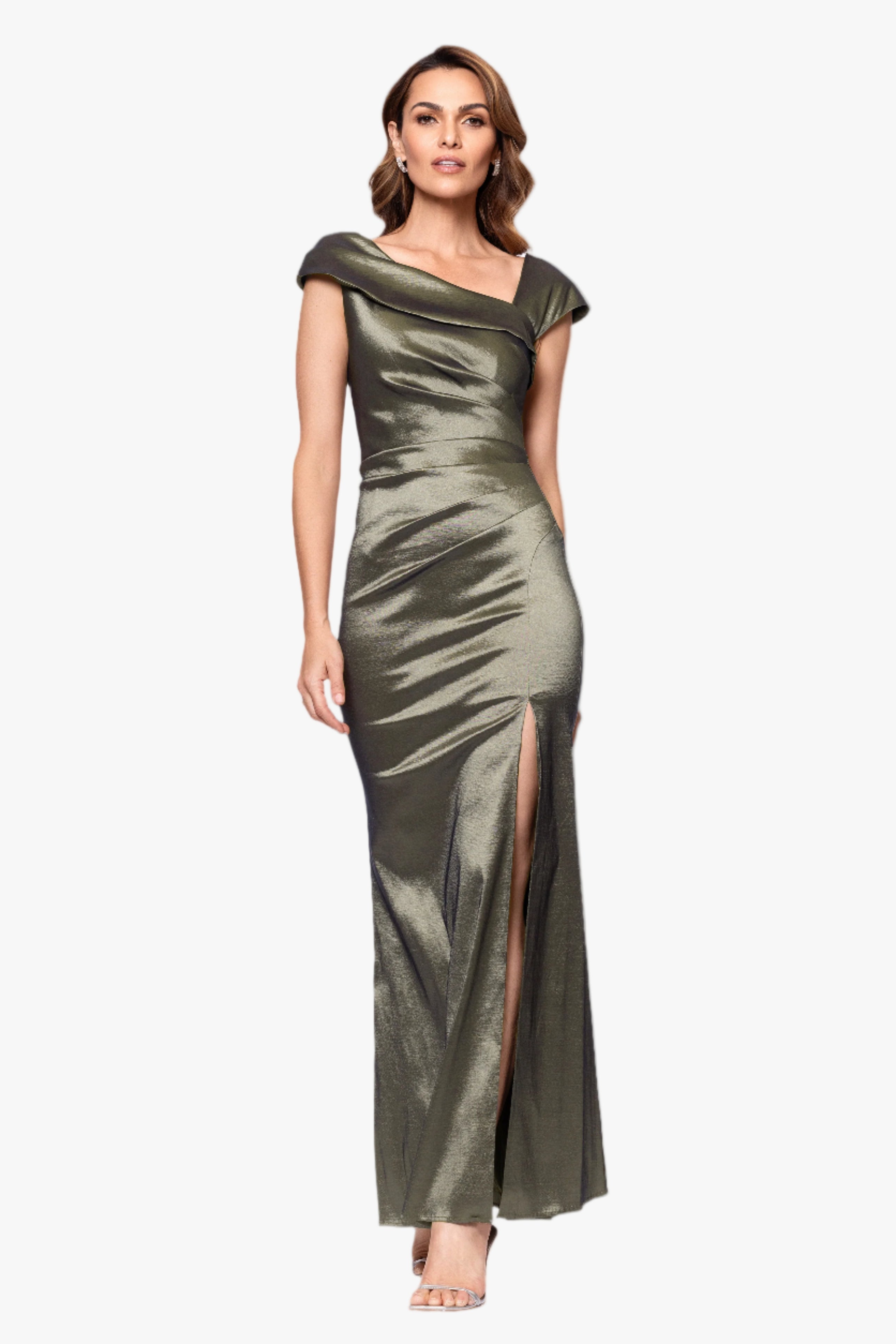 Petite "Paulina" Taffeta Short Sleeve Asymmetric Neckline Floor Length Dress