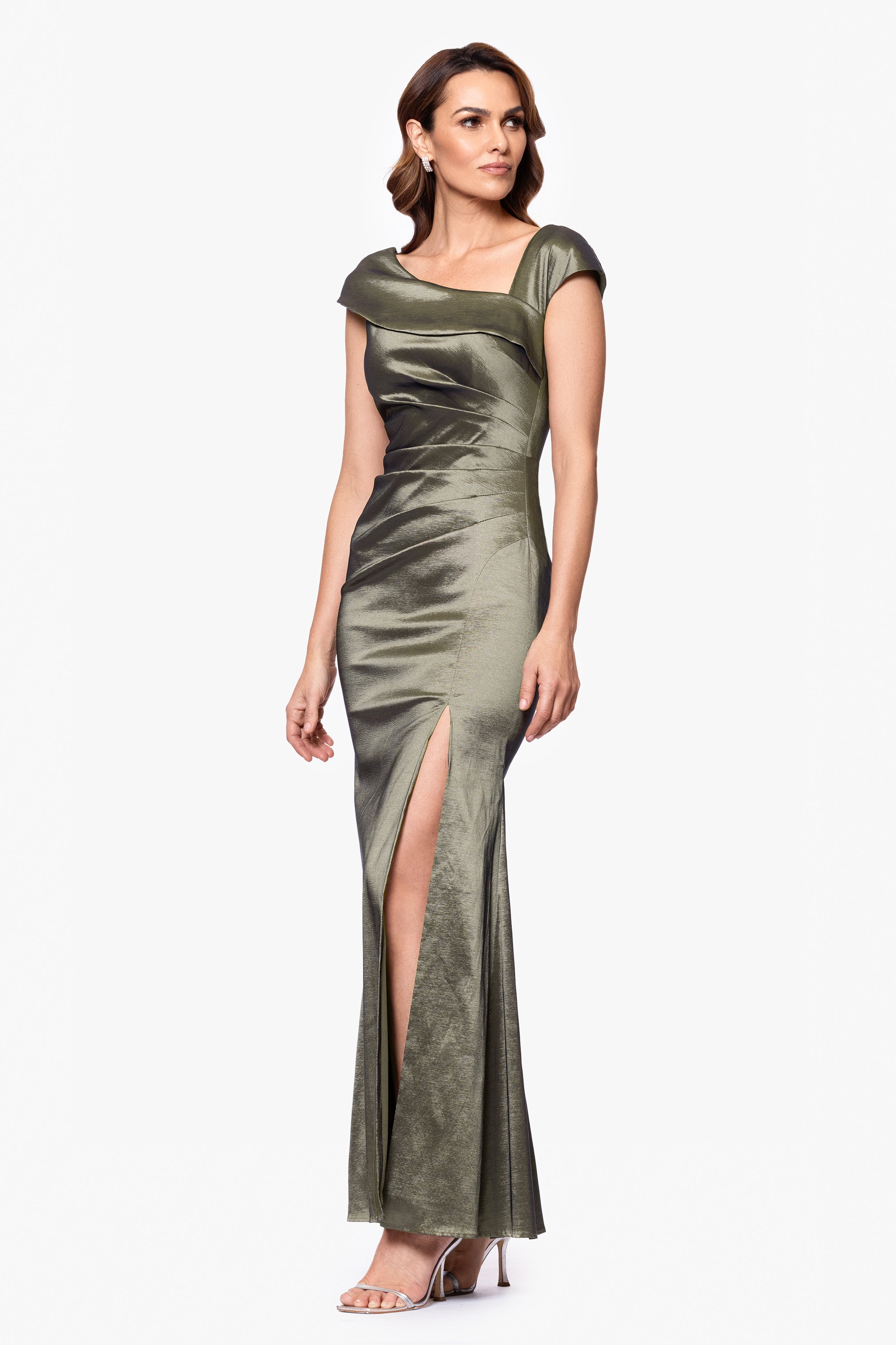Petite "Paulina" Taffeta Short Sleeve Asymmetric Neckline Floor Length Dress