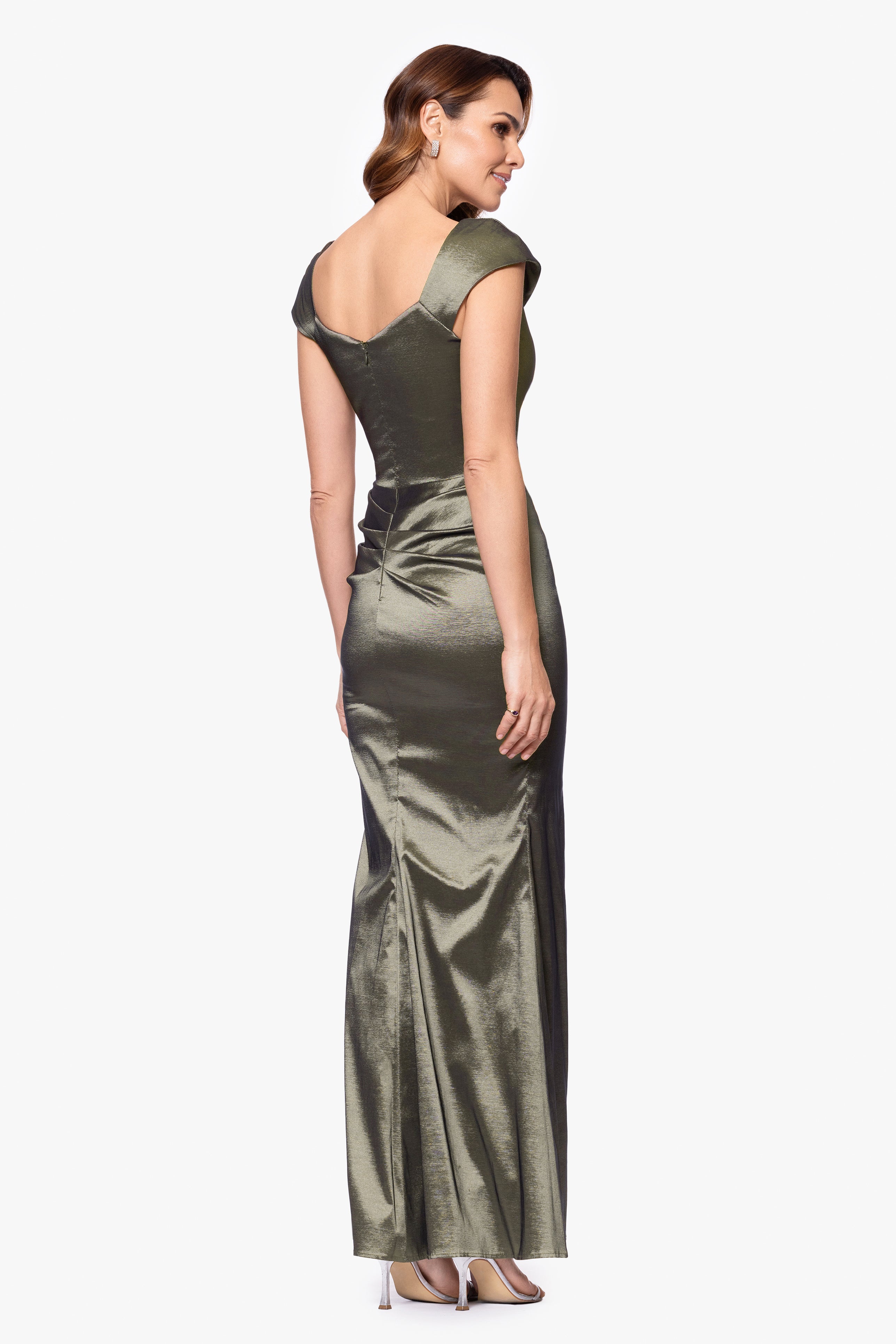 Petite "Paulina" Taffeta Short Sleeve Asymmetric Neckline Floor Length Dress