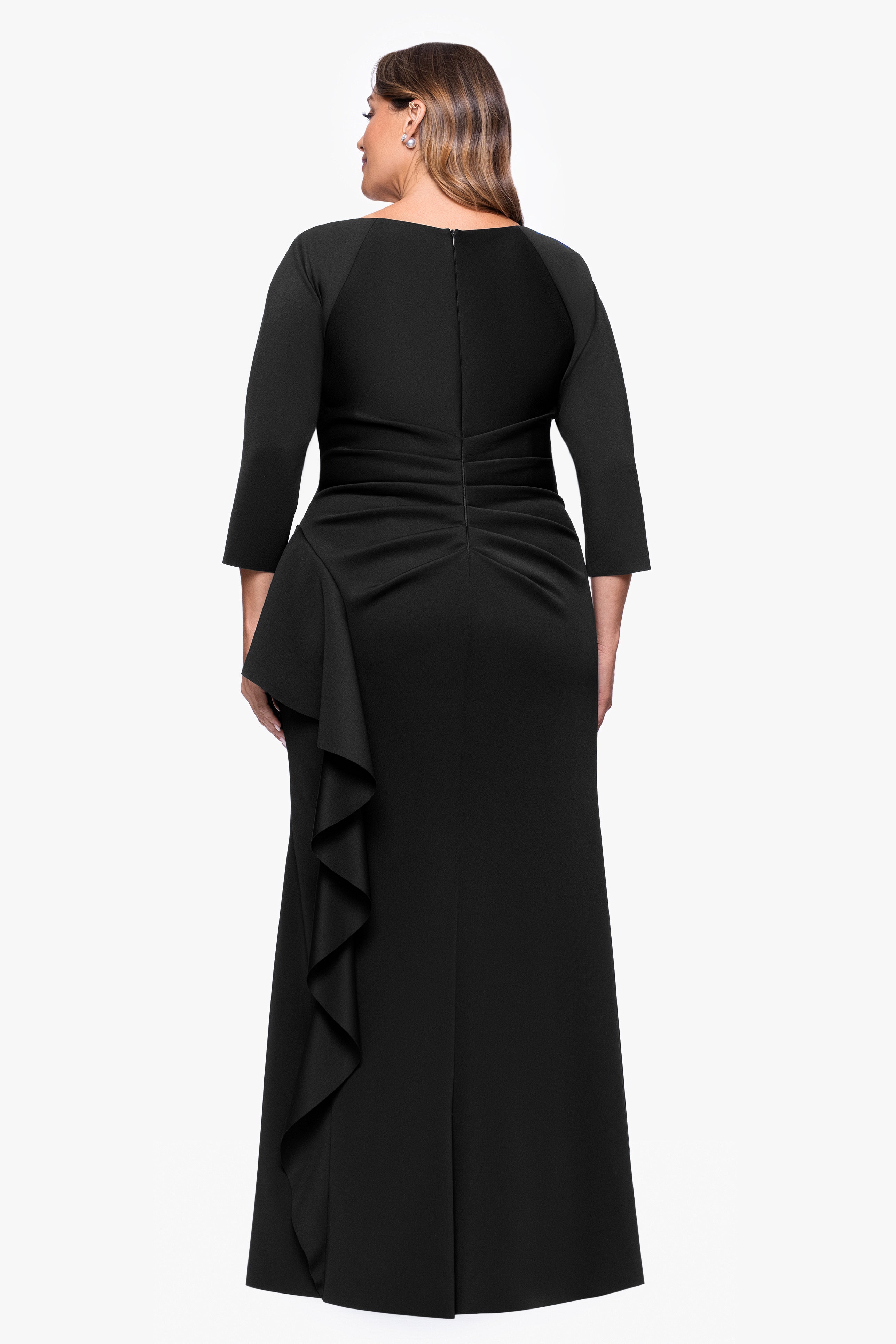 Plus "Amber" Techno Scuba 3/4 Sleeve V-Neck Ruffle Floor Length Dress