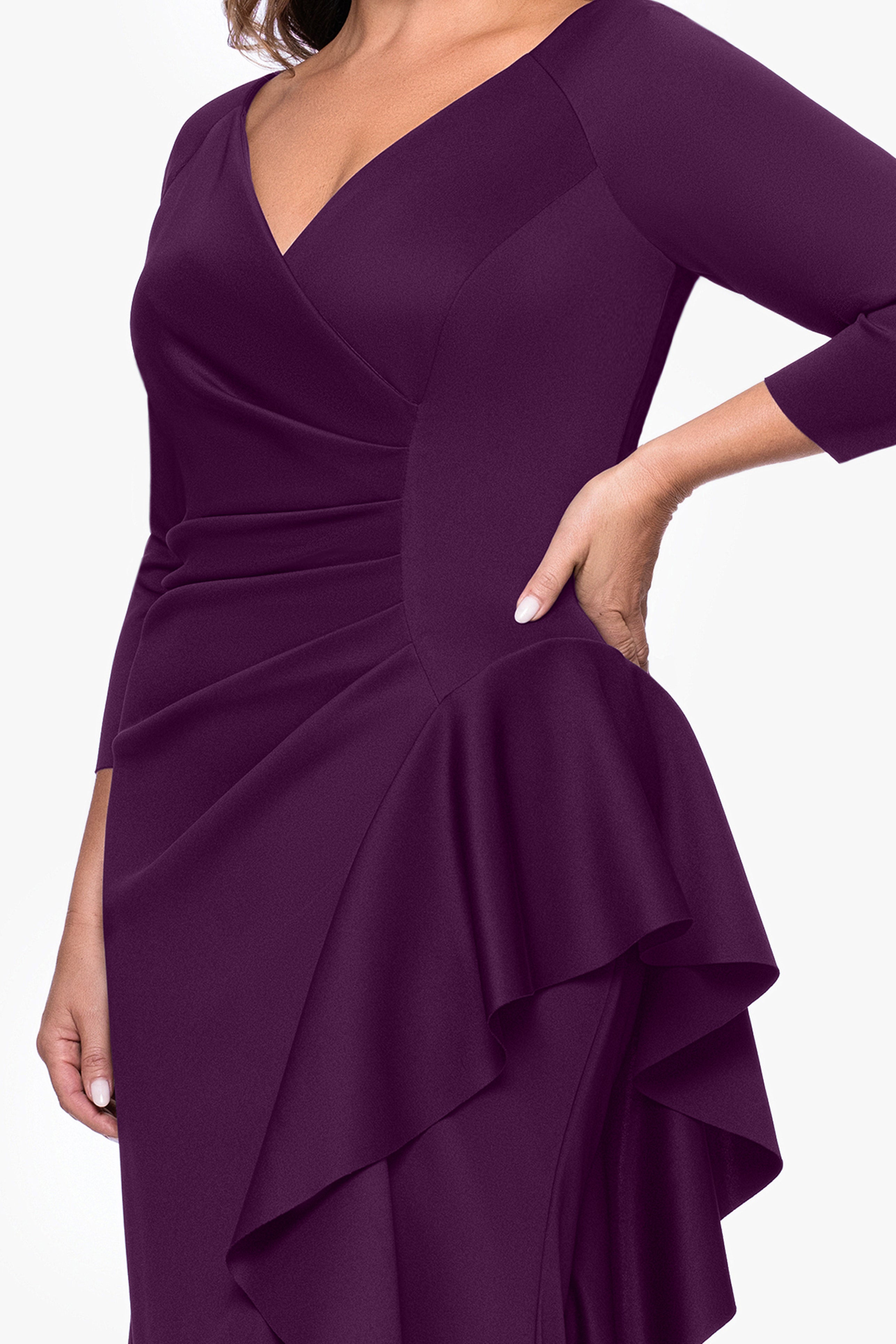Plus "Amber" Techno Scuba 3/4 Sleeve V-Neck Ruffle Floor Length Dress