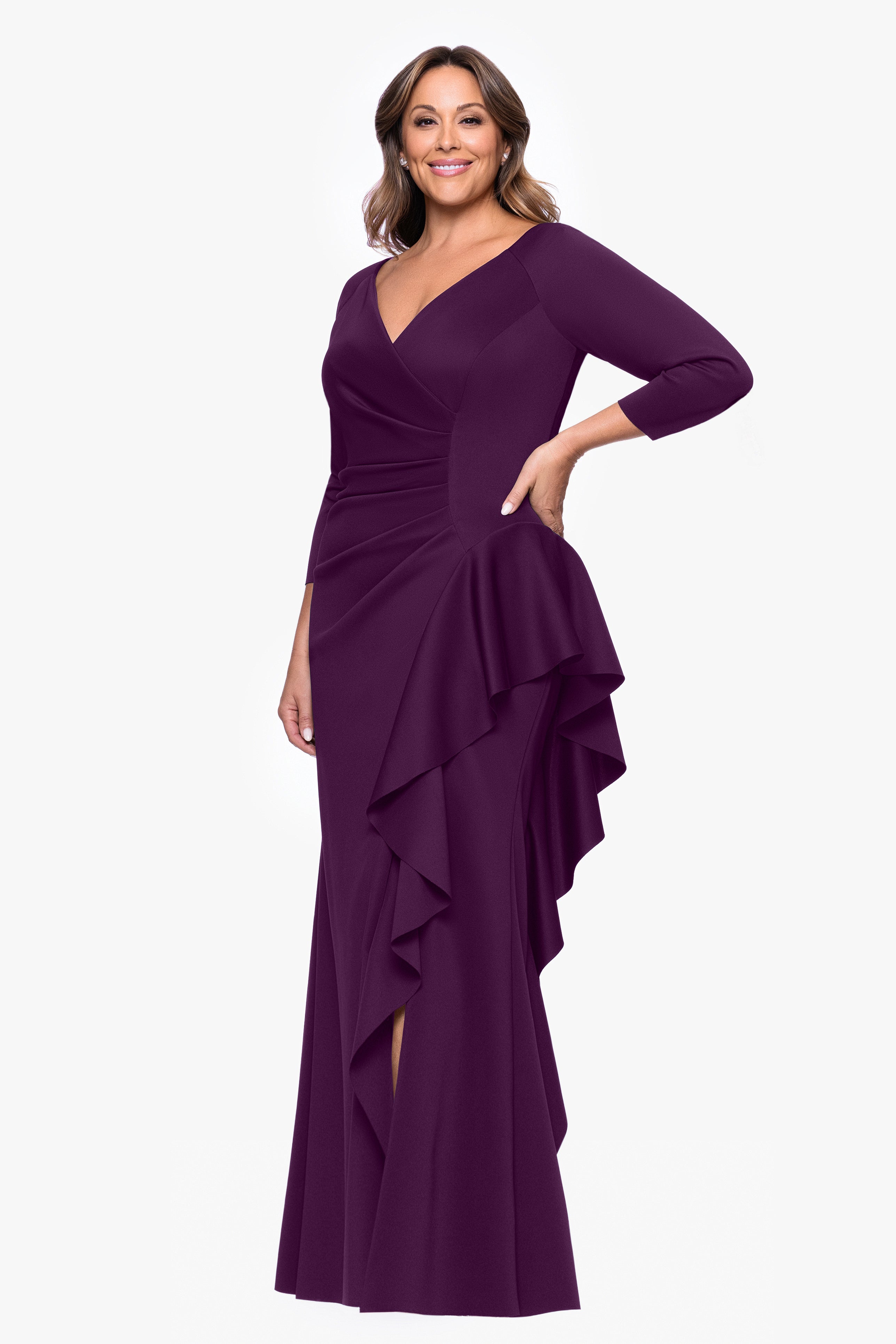 Plus "Amber" Techno Scuba 3/4 Sleeve V-Neck Ruffle Floor Length Dress