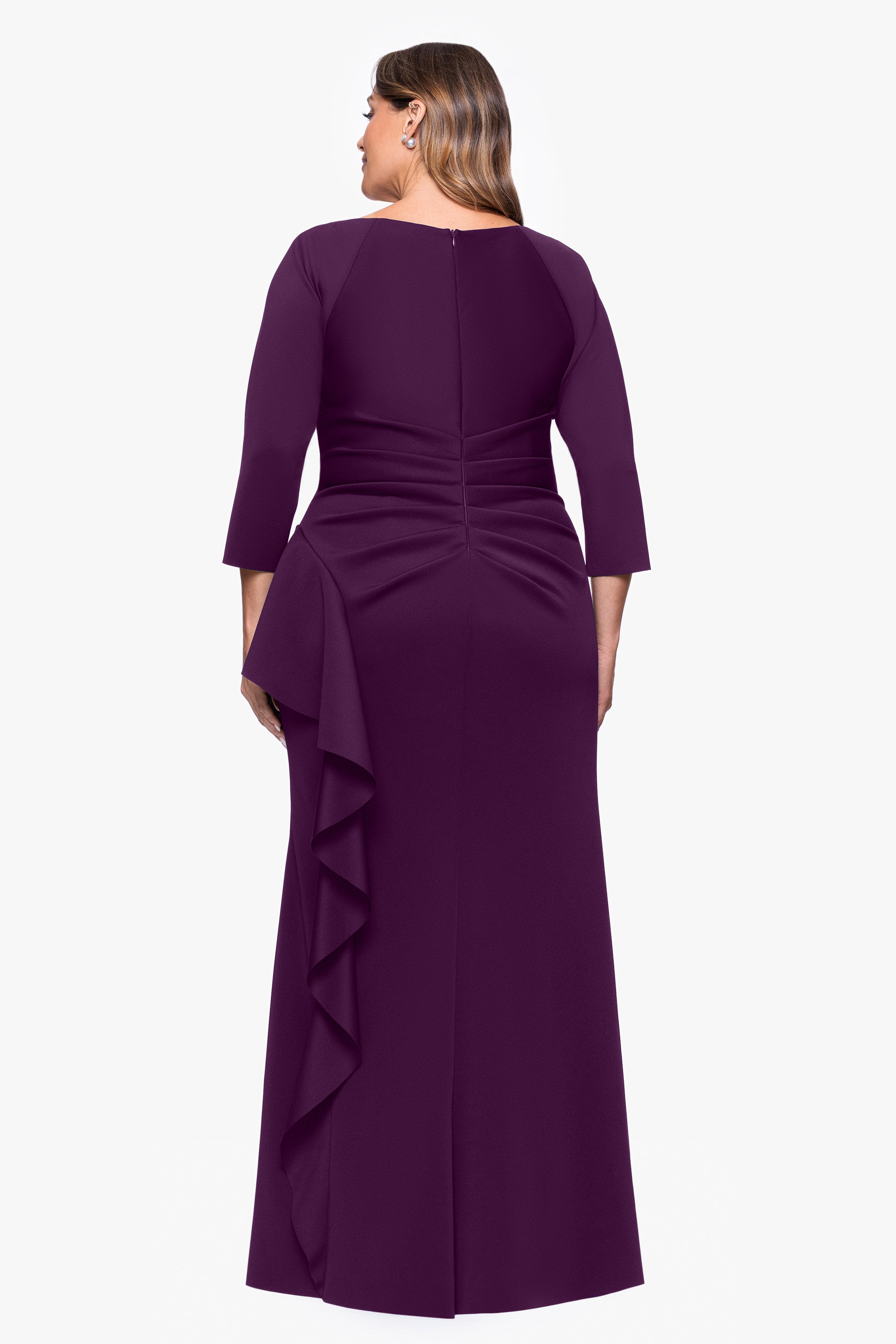 Plus "Amber" Techno Scuba 3/4 Sleeve V-Neck Ruffle Floor Length Dress