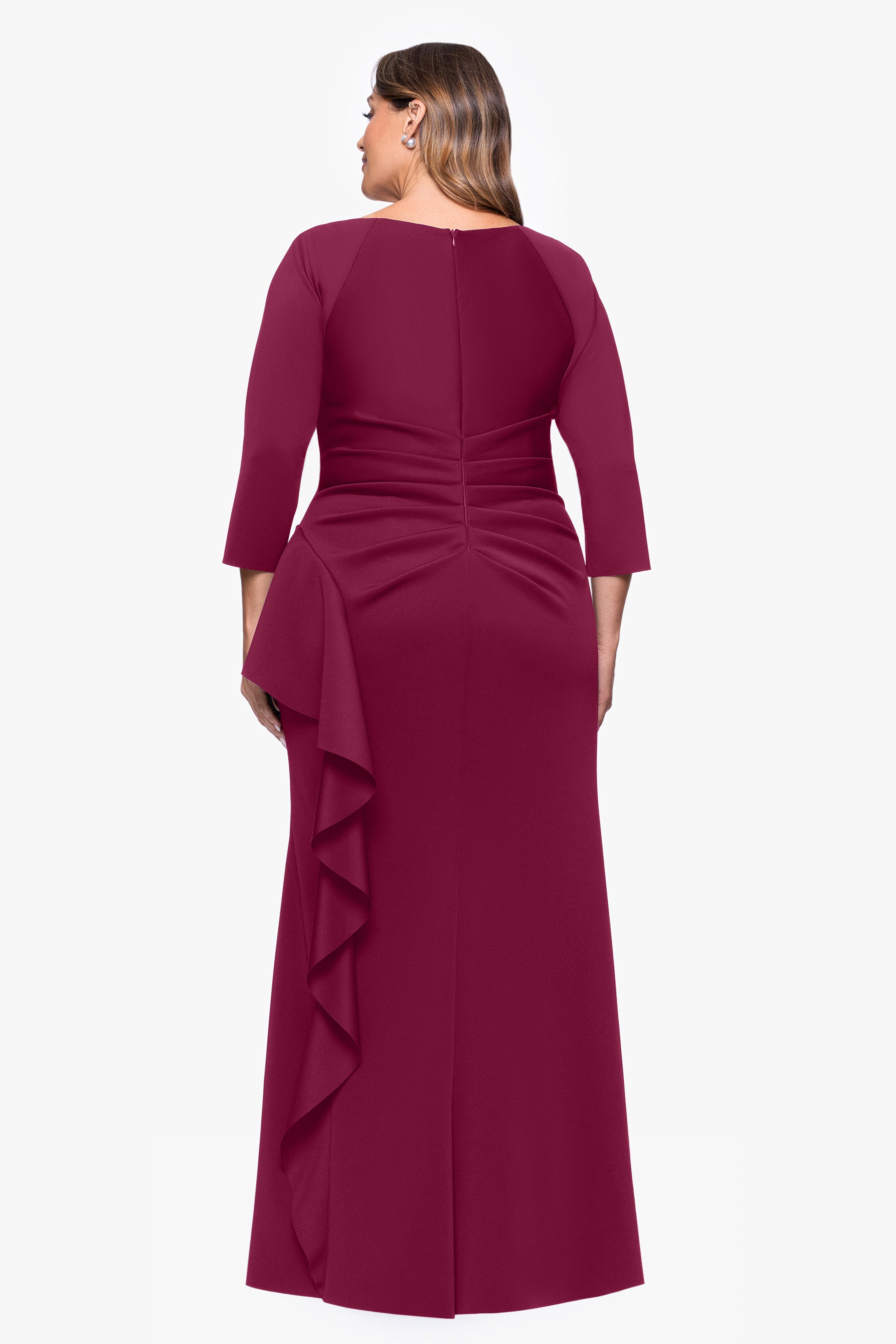 Plus "Amber" Techno Scuba 3/4 Sleeve V-Neck Ruffle Dress