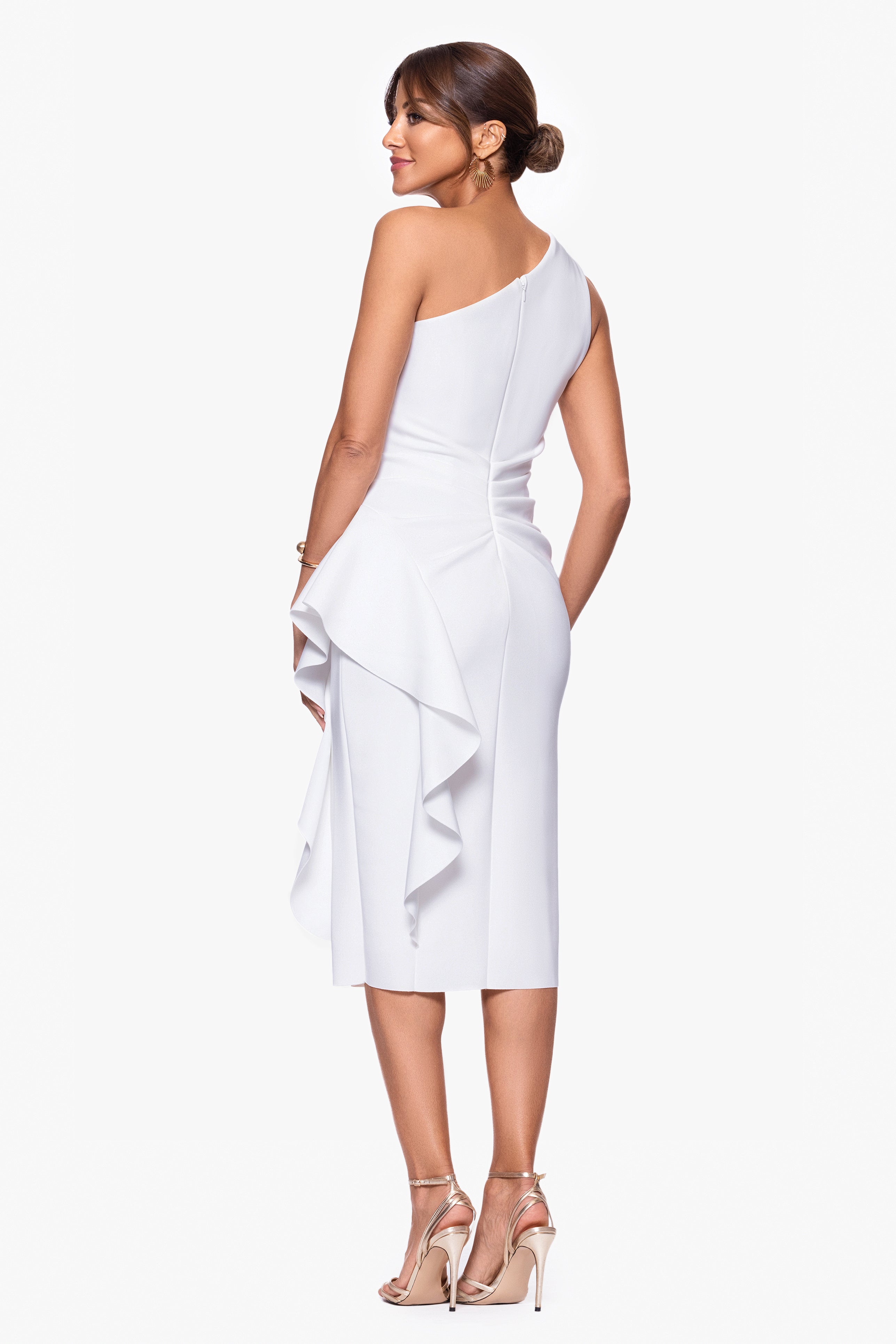 Petite "Carrie" Techno Scuba One Shoulder Knee Length Ruffle Dress