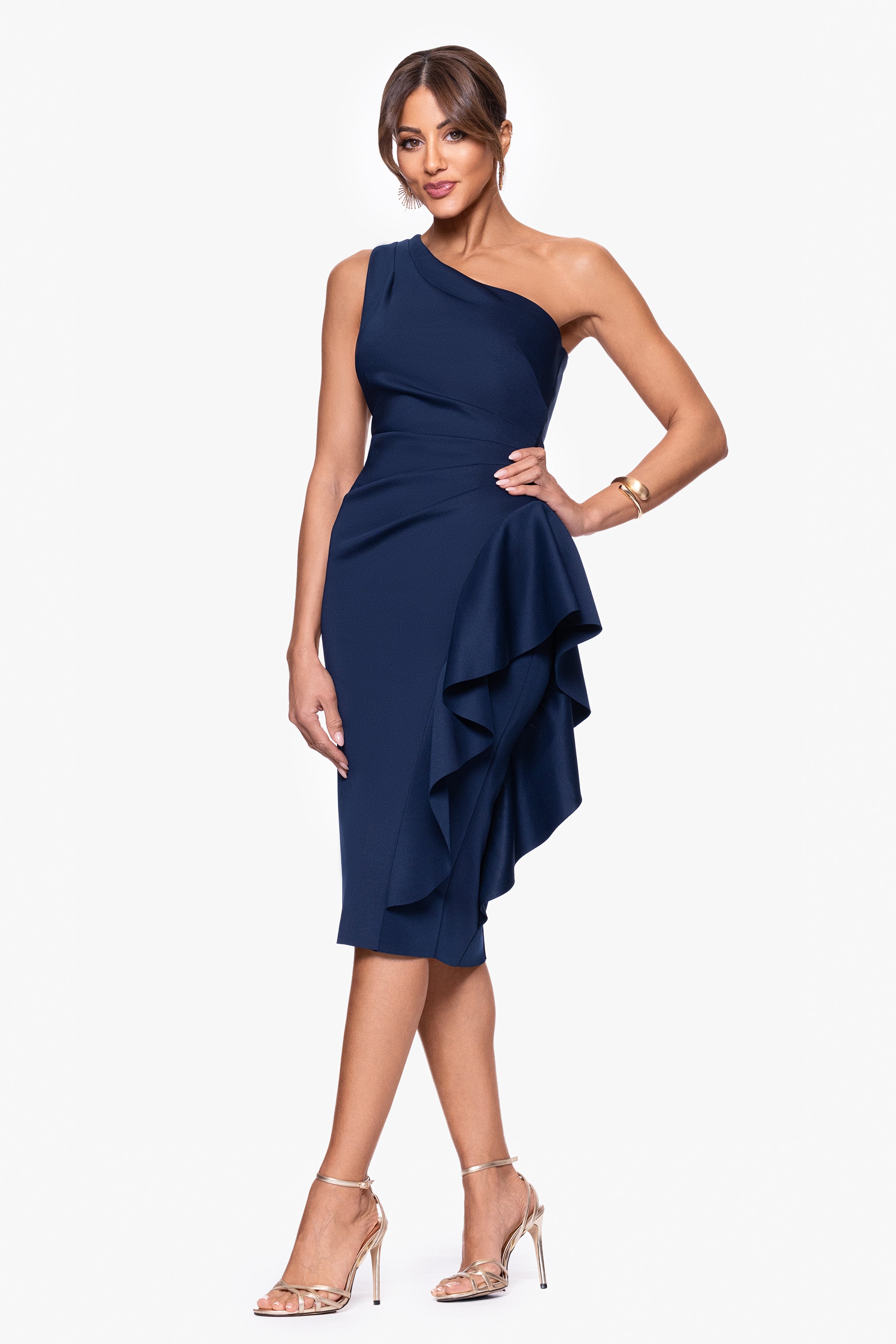 Petite "Carrie" Techno Scuba One Shoulder Knee Length Ruffle Dress