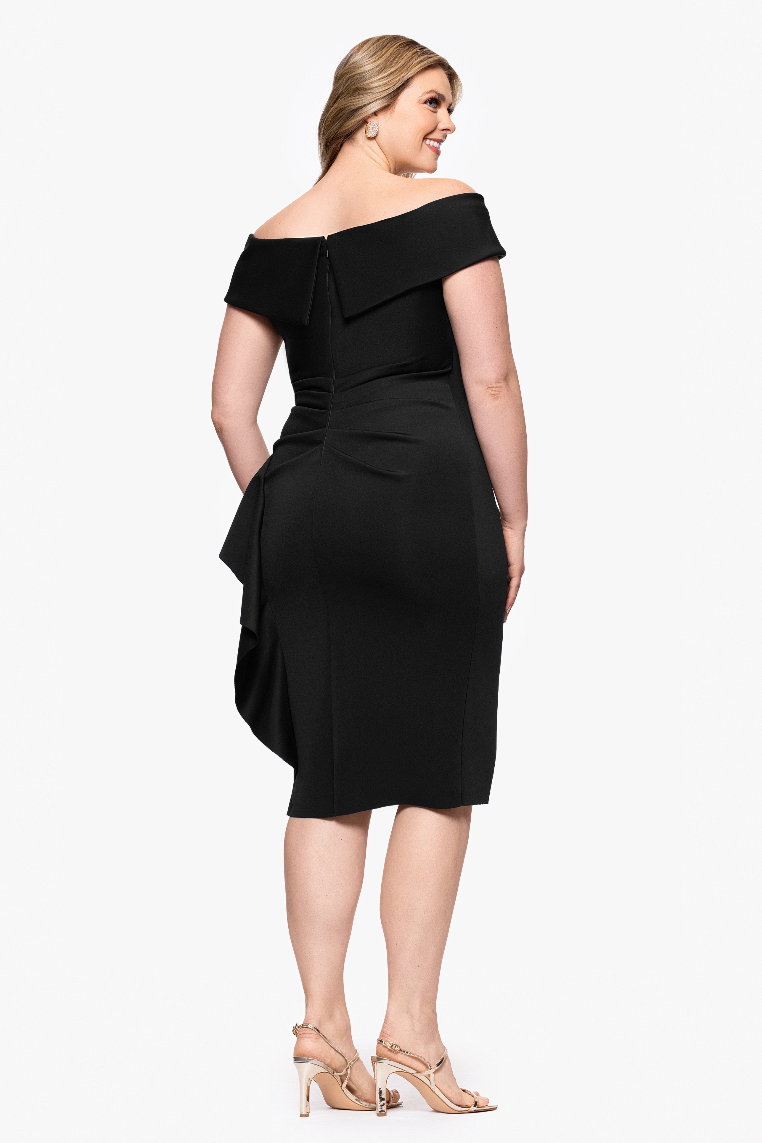 Plus "Meryl" Techno Scuba Off the Shoulder Ruffle Knee Length Dress