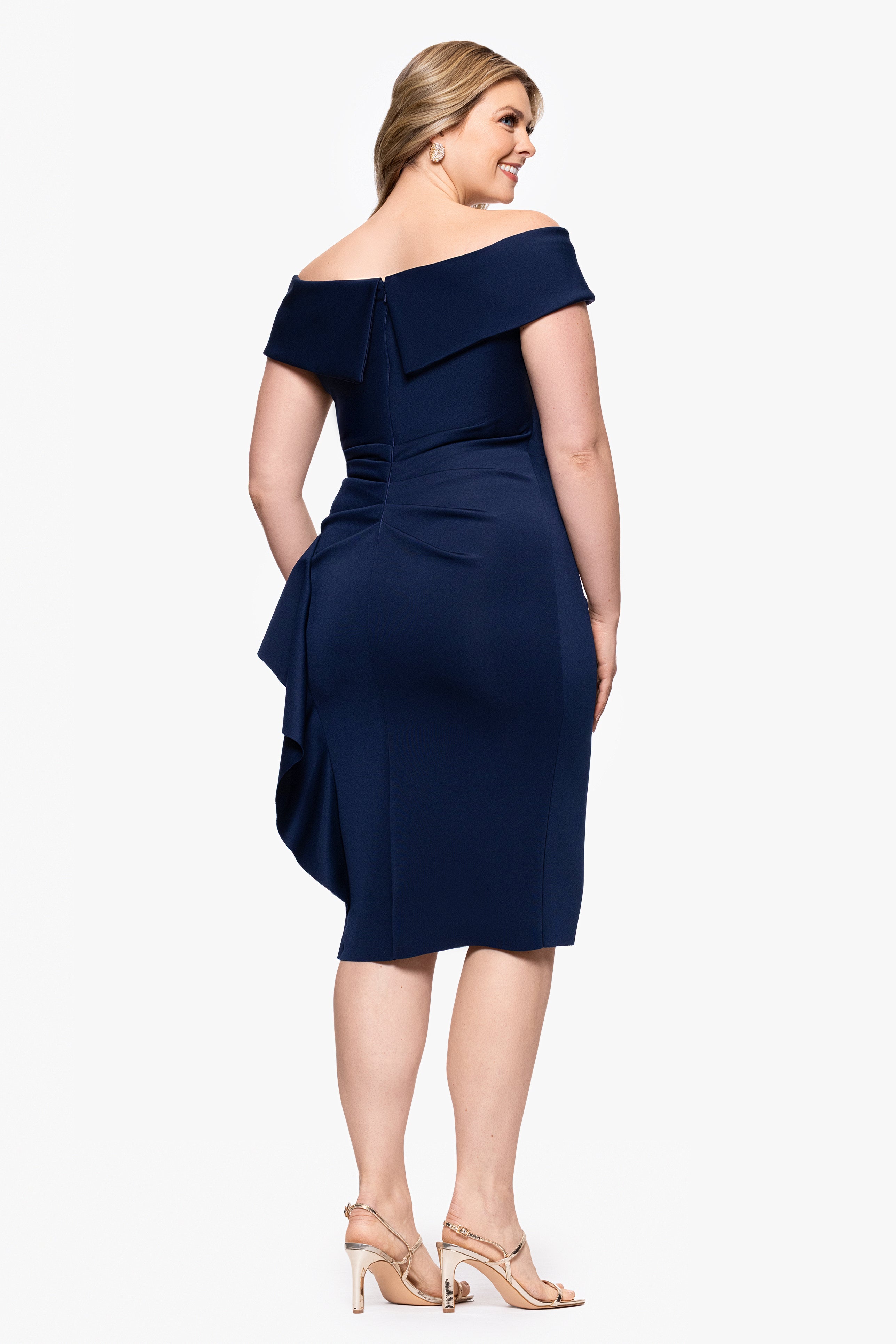 Plus "Meryl" Techno Scuba Off the Shoulder Ruffle Knee Length Dress