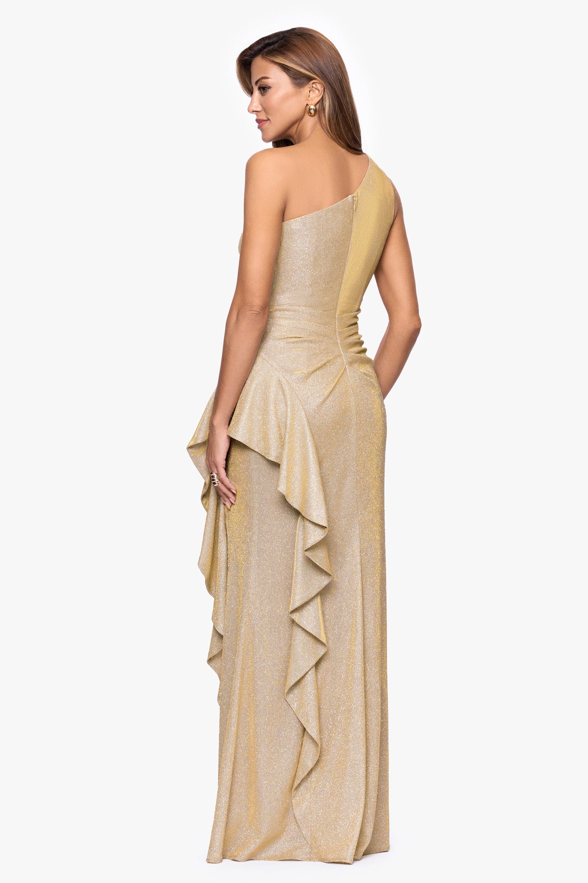 Petite "Shannon" Galaxy Glitter One Shoulder Ruffle Dress