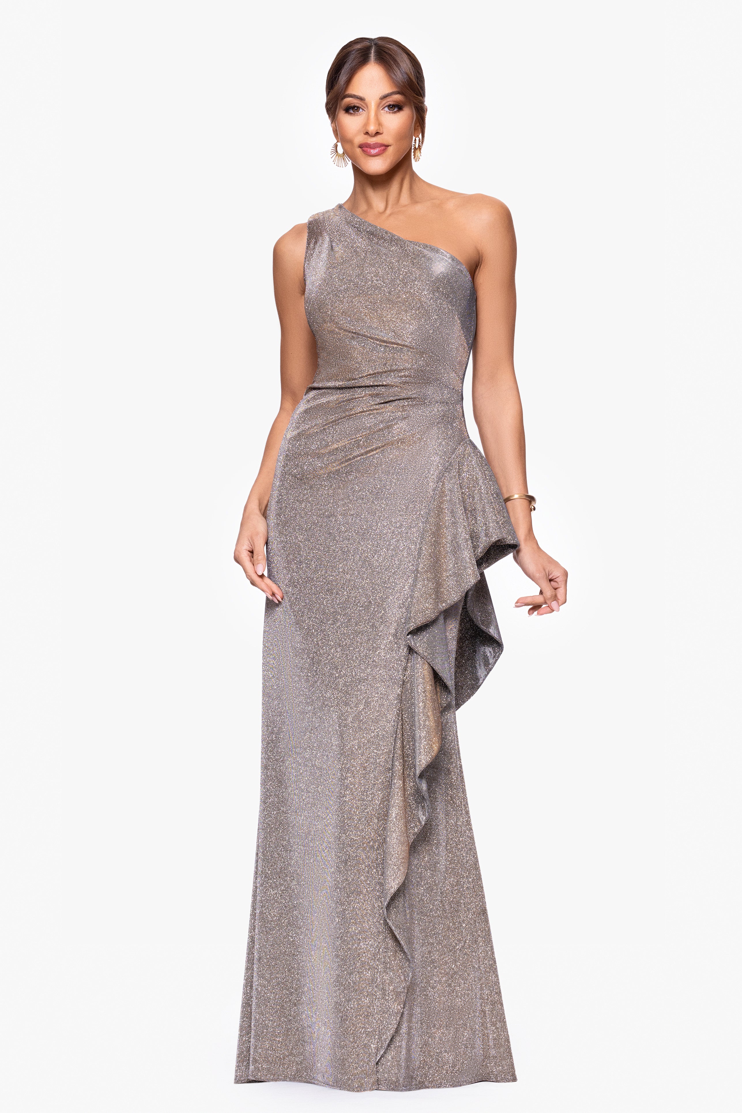 "Shannon" Galaxy Glitter One Shoulder Ruffle Dress