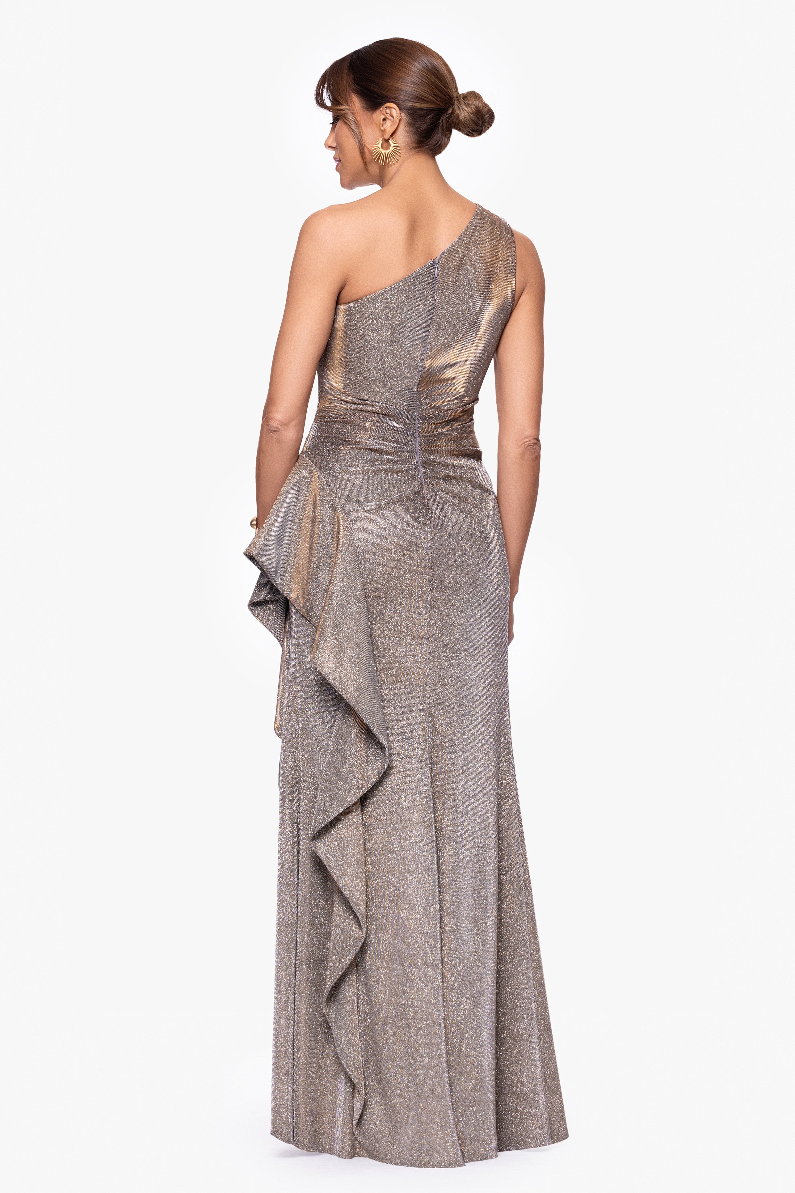 Petite "Shannon" Galaxy Glitter One Shoulder Ruffle Floor Length Dress
