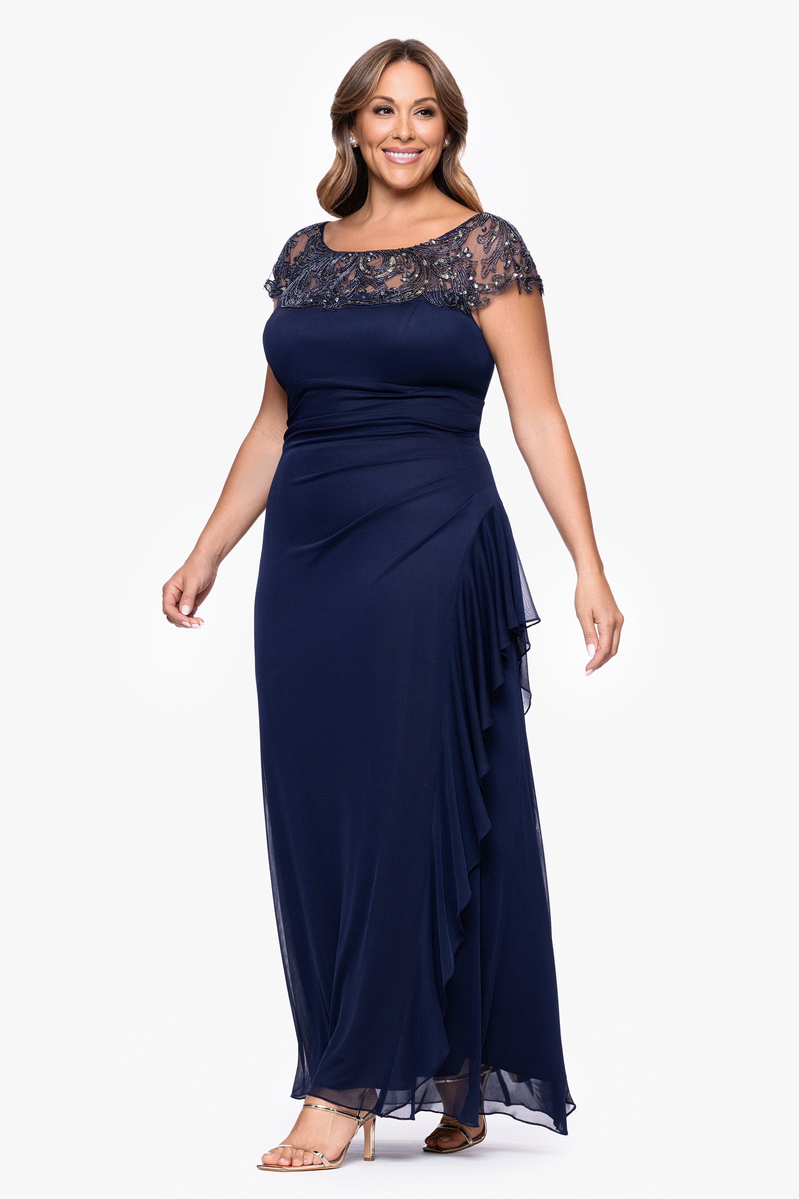 Plus "Cathleen" Sheer Matte Jersey Beaded Neckline Ruffle Floor Length Dress