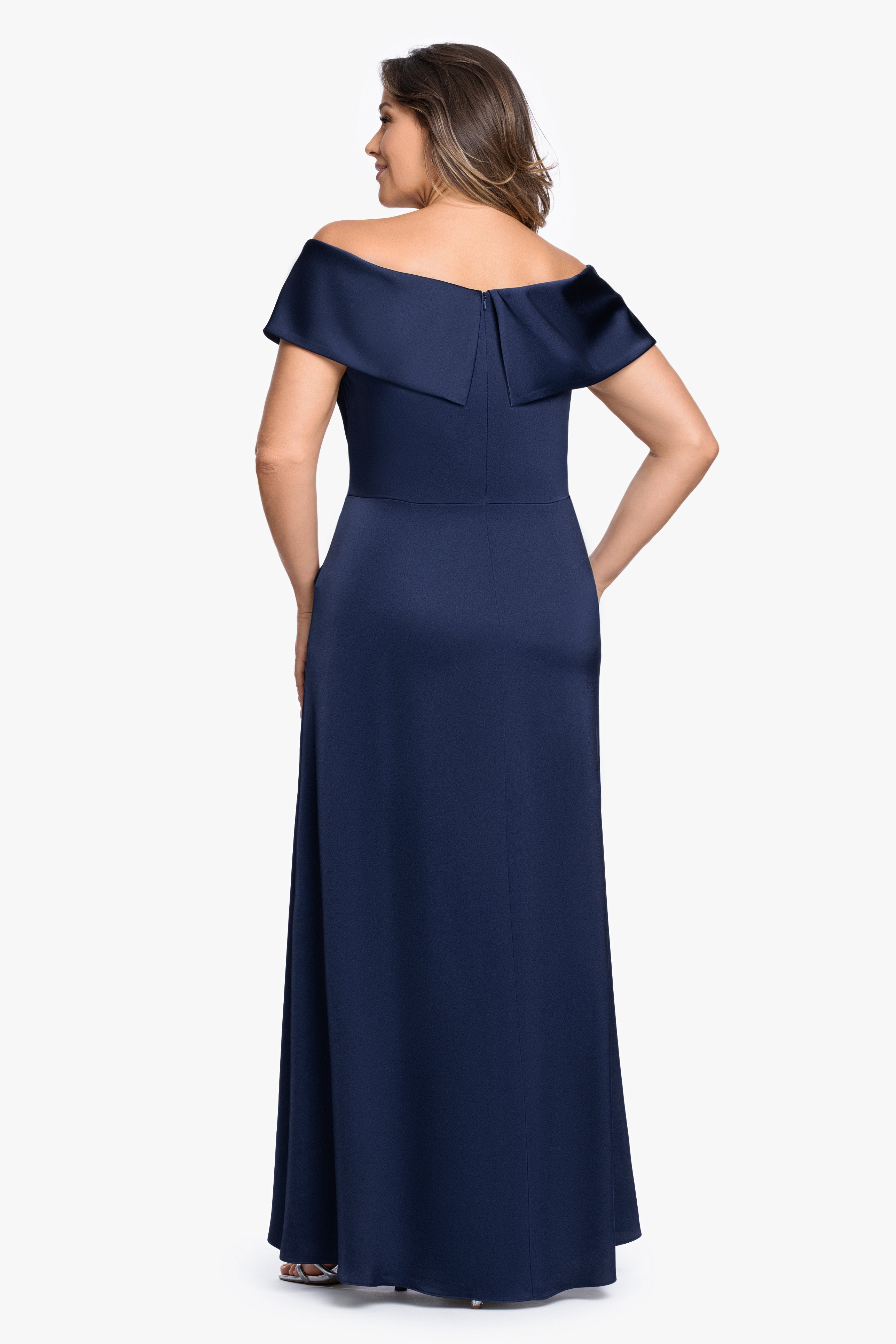 Plus "Daniella" Satin Off The Shoulder Short Sleeve Dress