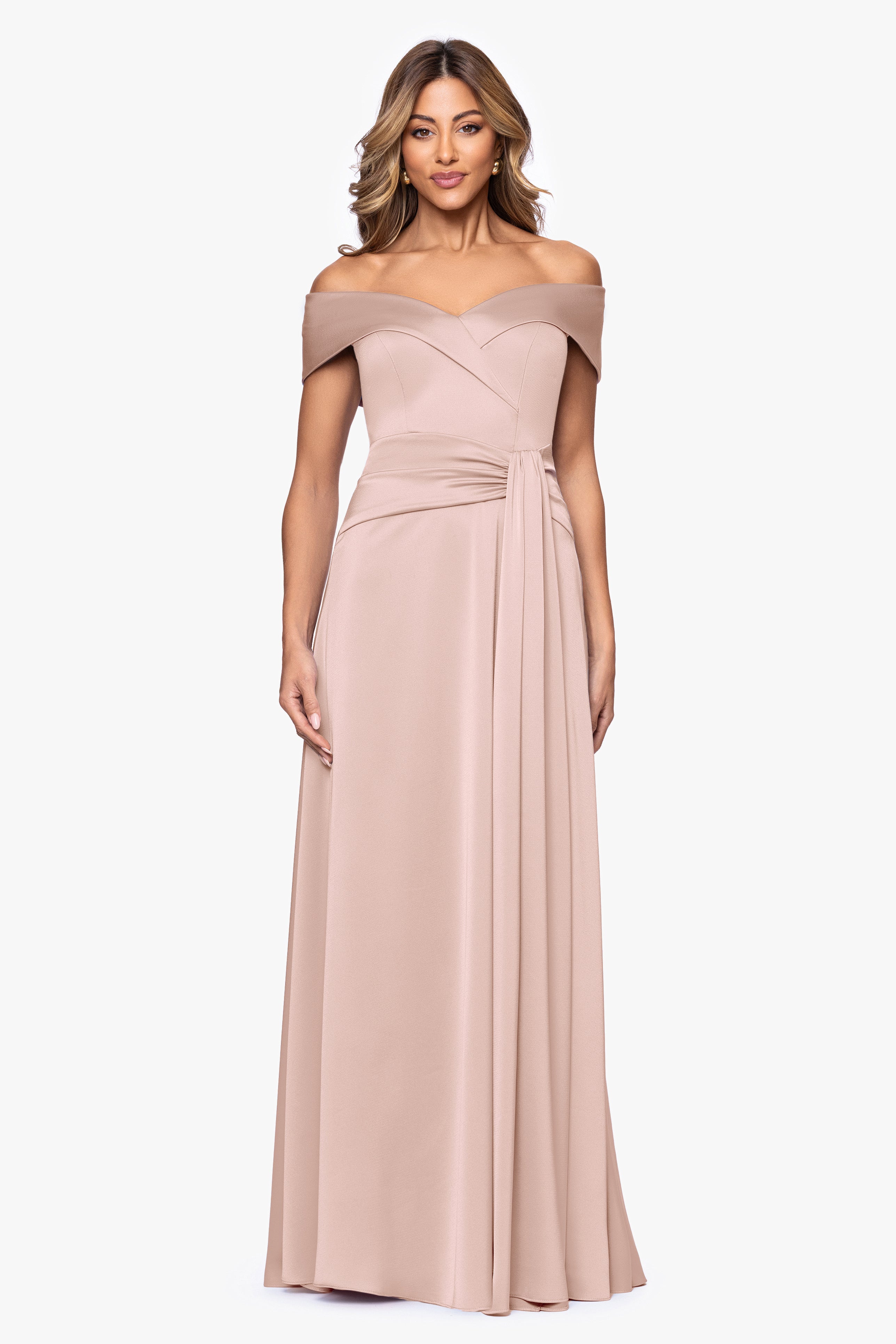 "May" Satin Draped Off the Shoulder Floor Length Dress