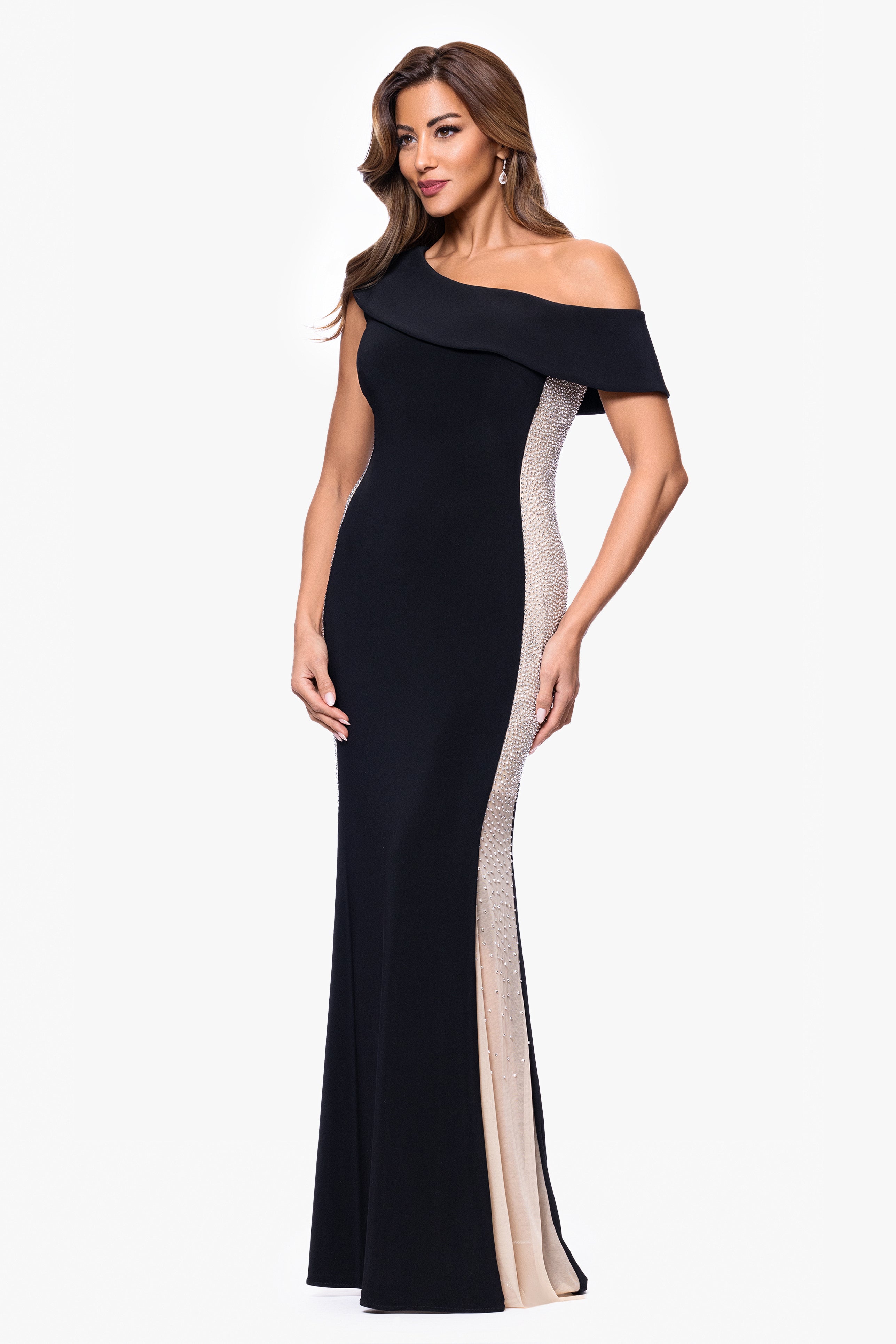 "Johanna" Caviar Beaded Jersey Knit Off the Shoulder Floor Length Dress