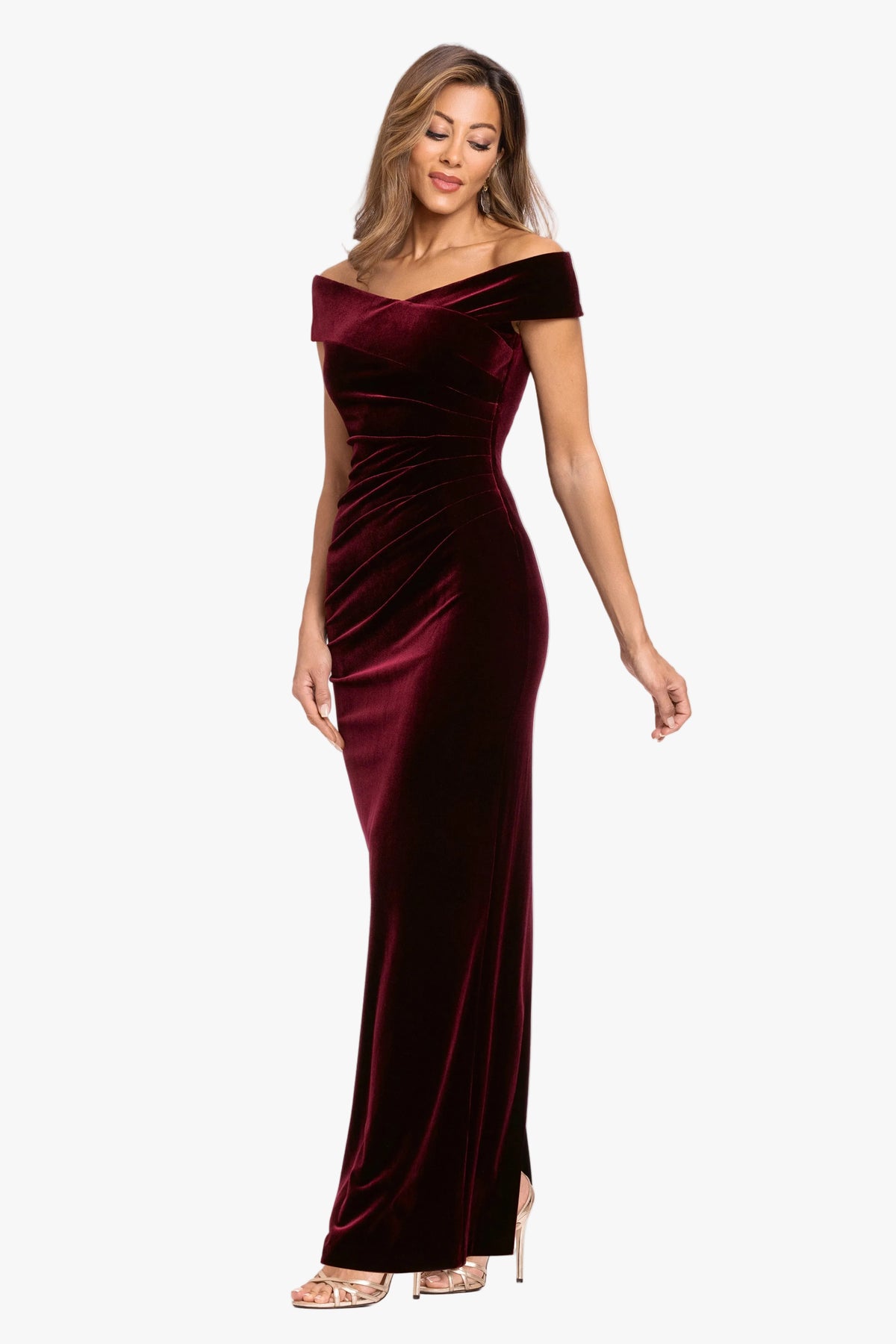 "Agatha" Velvet Off the Shoulder Rouched Waist Dress