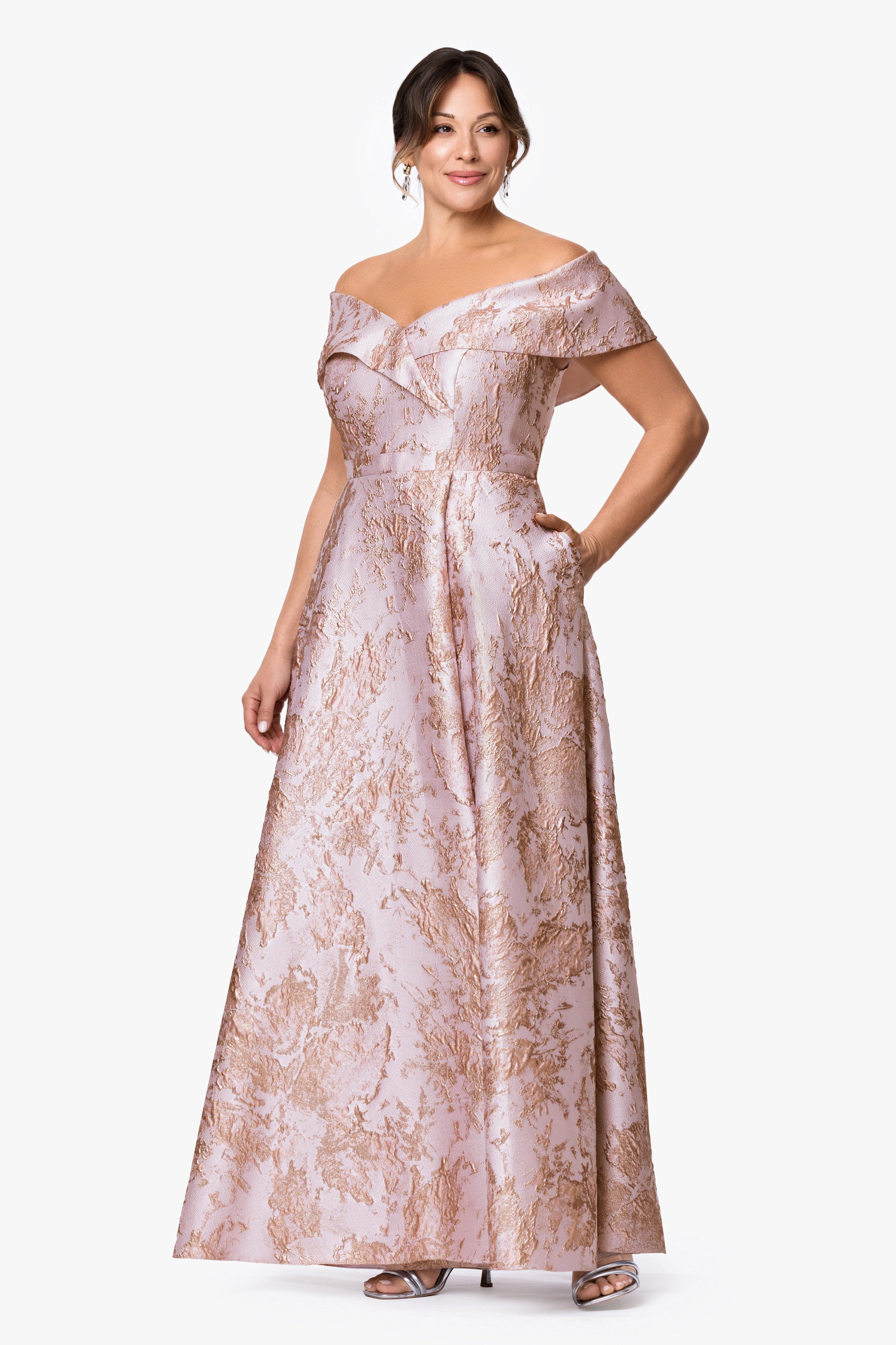 Plus "Daphne" Brocade Off Shoulder Dress