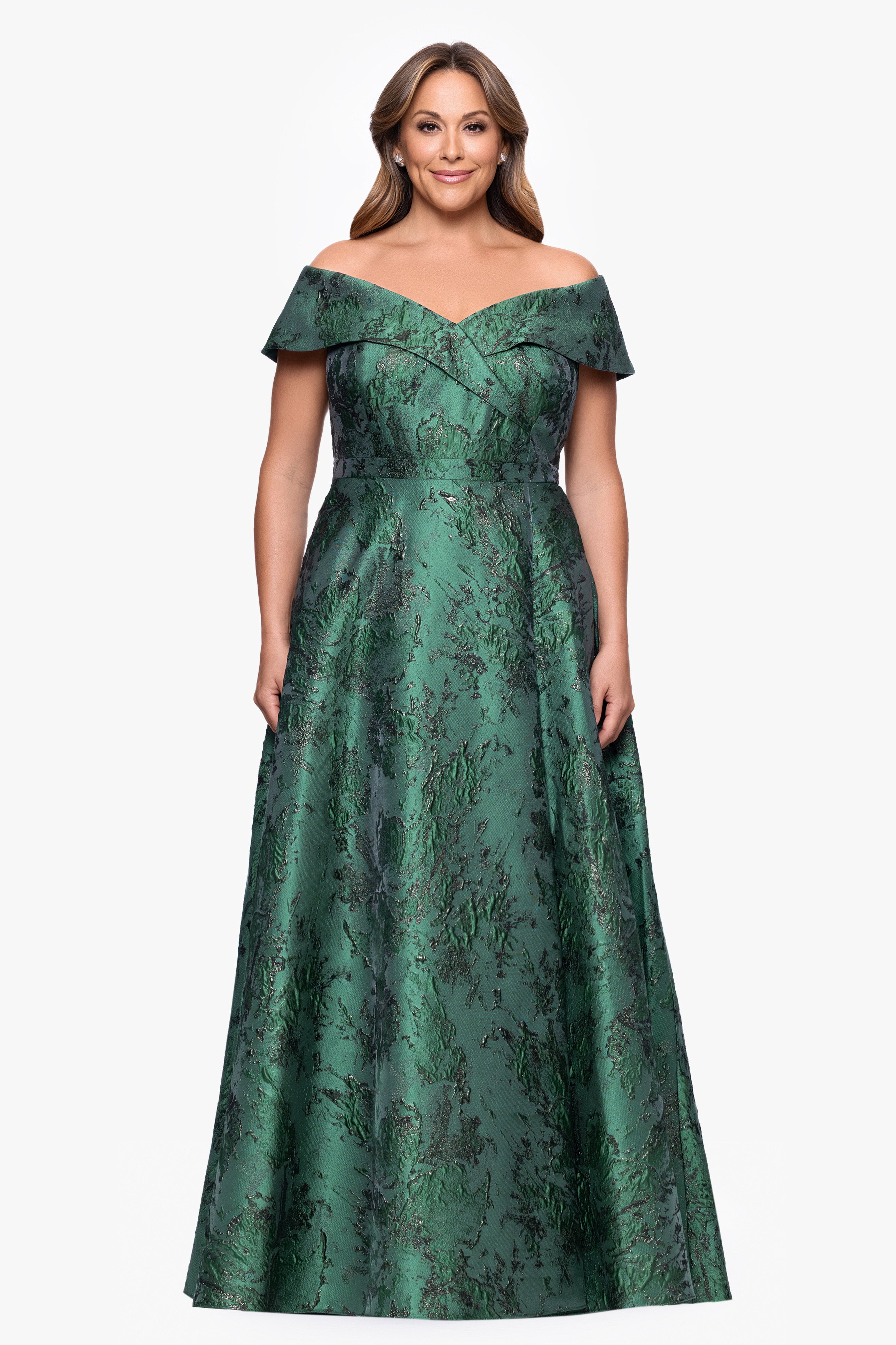 Plus "Daphne" Brocade Off Shoulder Dress