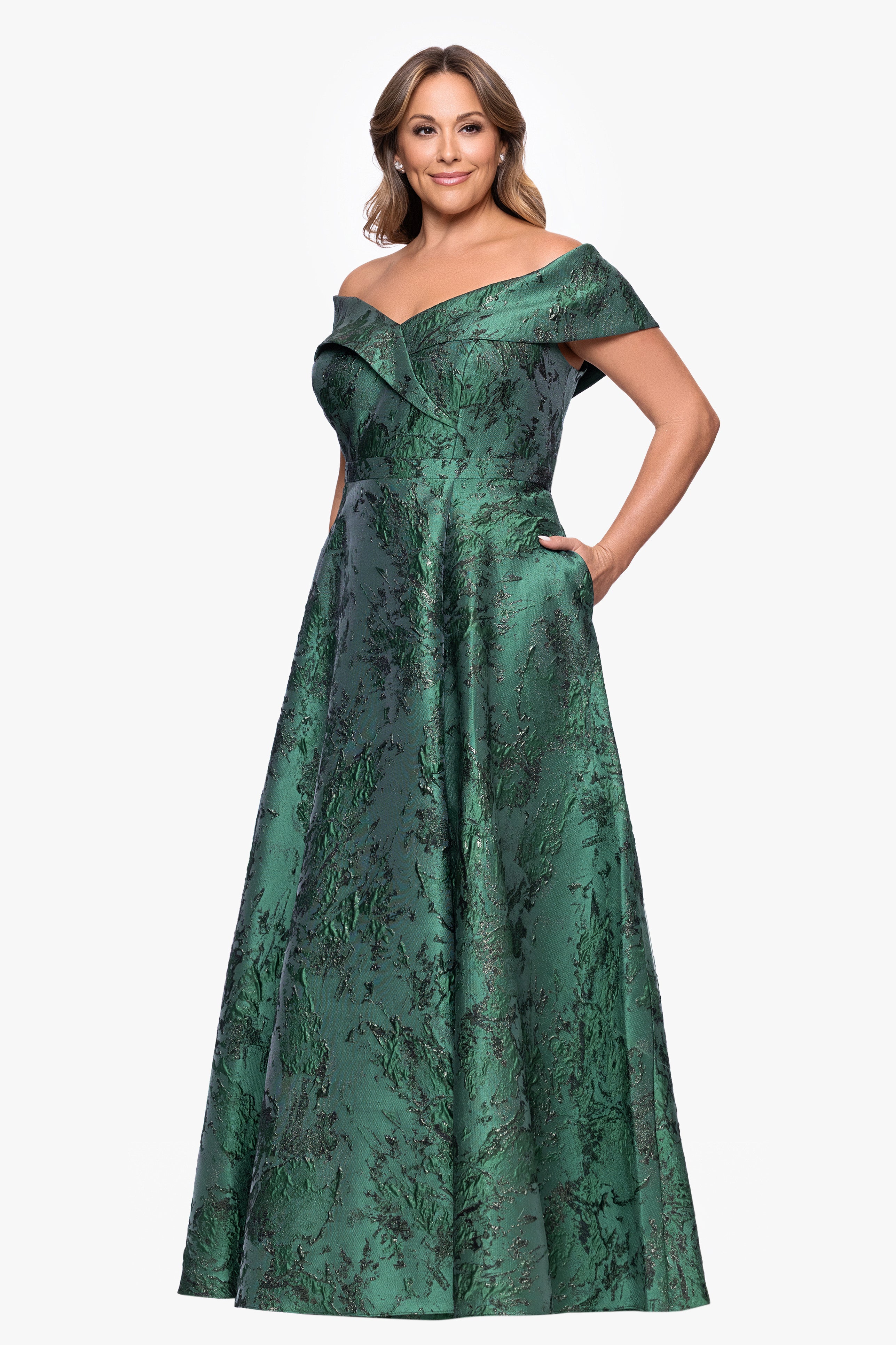 Plus "Daphne" Brocade Off Shoulder Dress