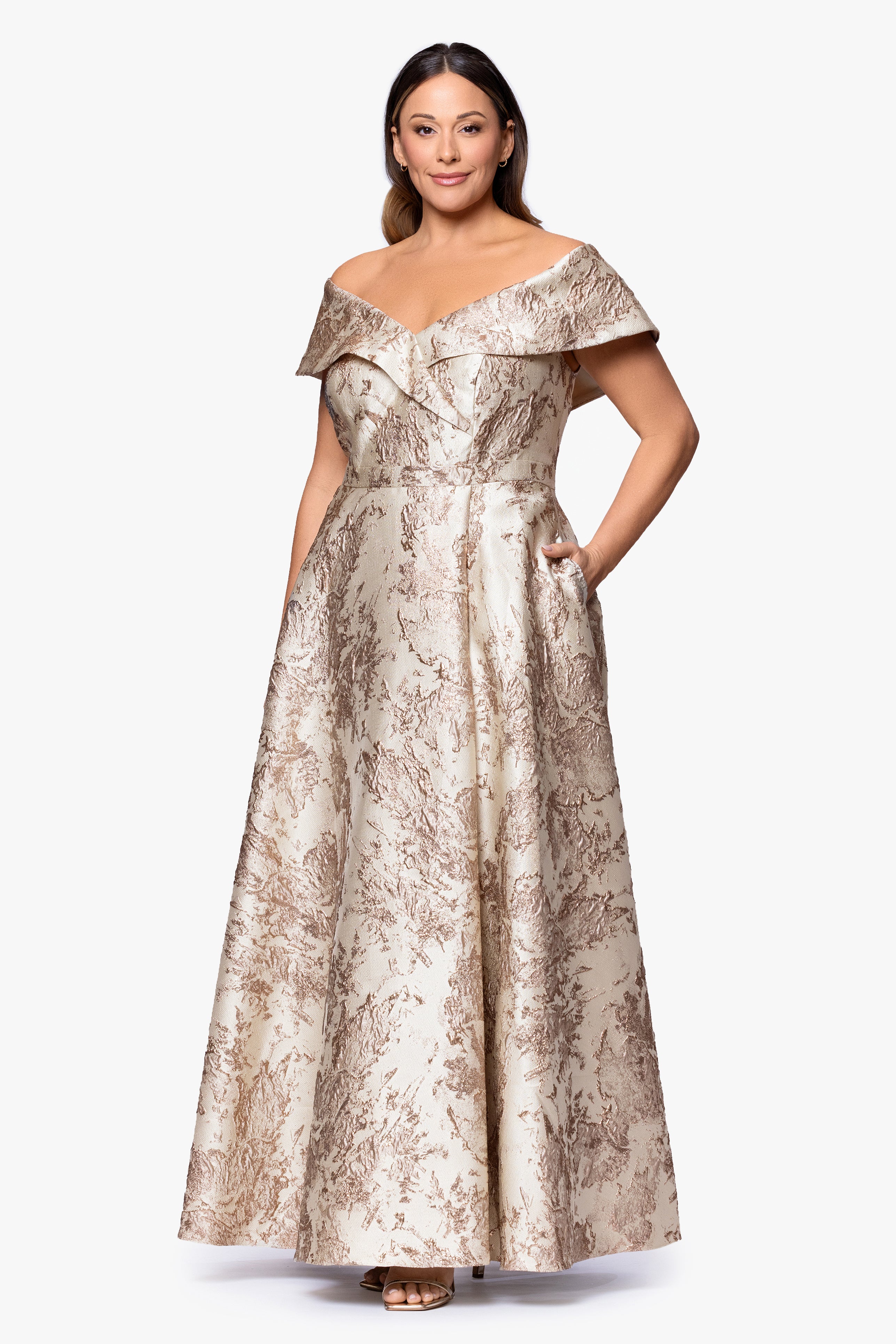 Plus "Daphne" Brocade Off Shoulder Floor Length Dress