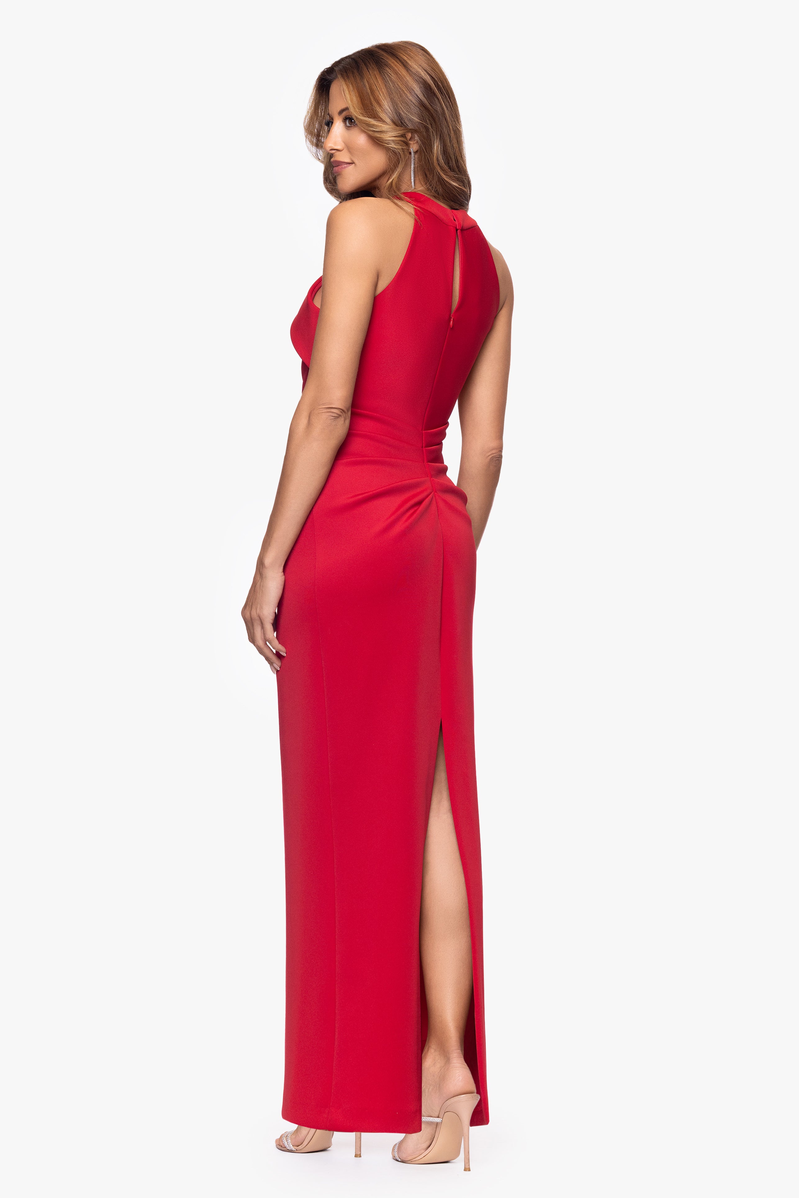 Petite "Noelle" Techno Scuba Cross Neck Floor Length Dress