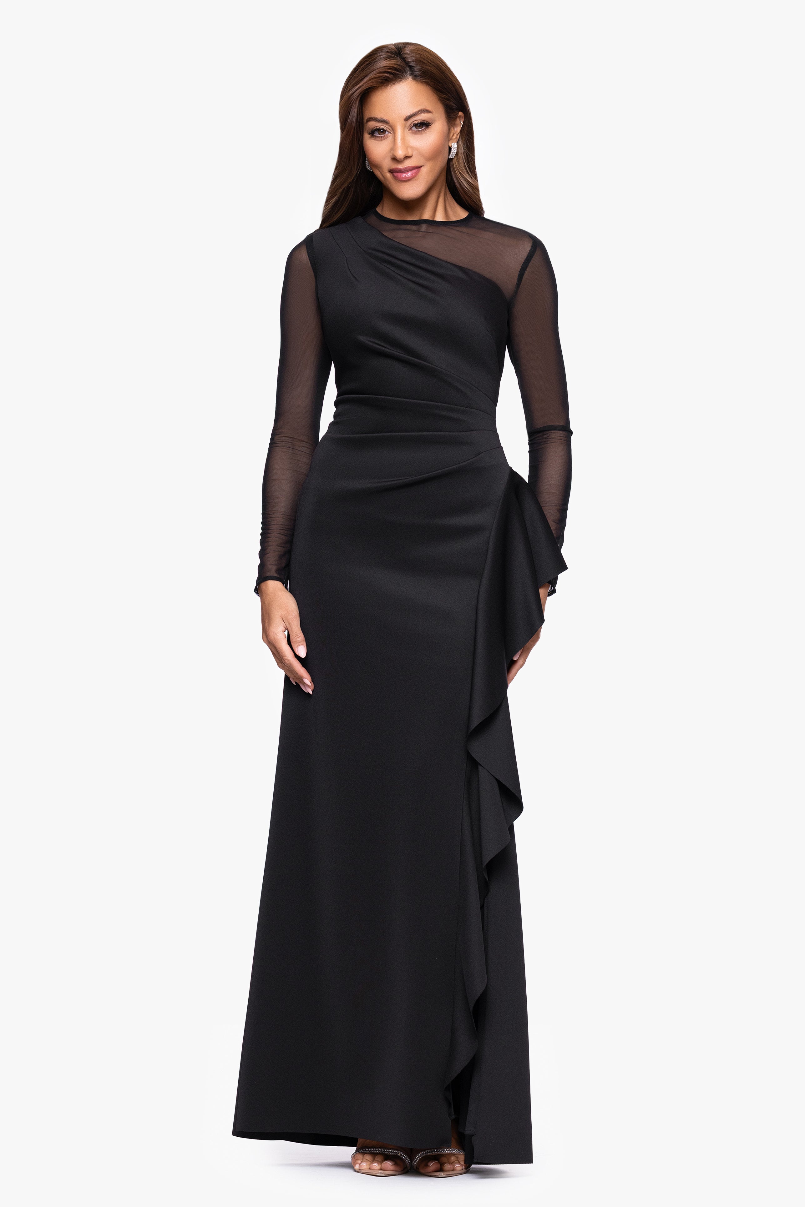 Petite "Lyra" Techno Scuba Mesh Long Sleeve Floor Length Dress