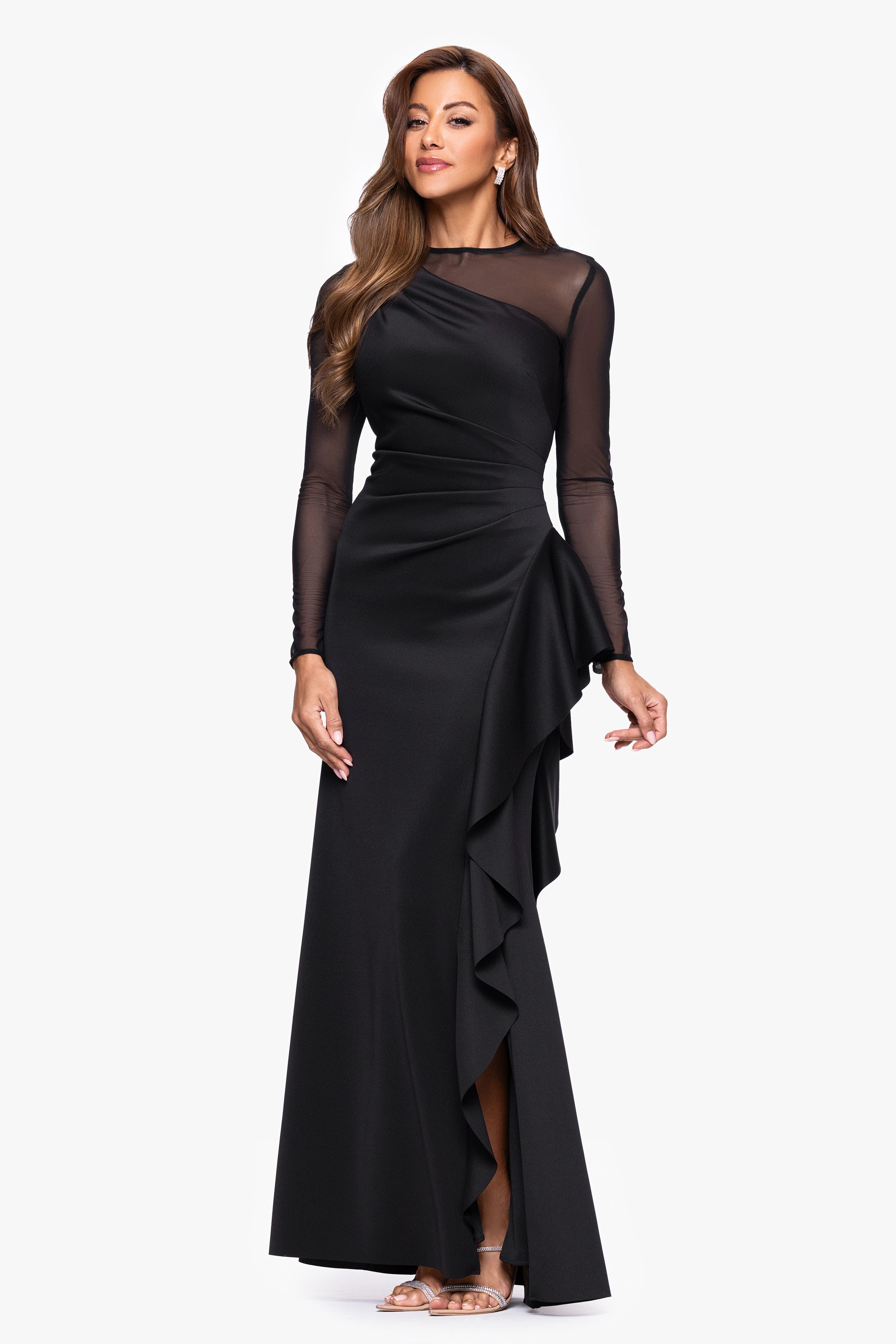 Petite "Lyra" Techno Scuba Mesh Long Sleeve Floor Length Dress