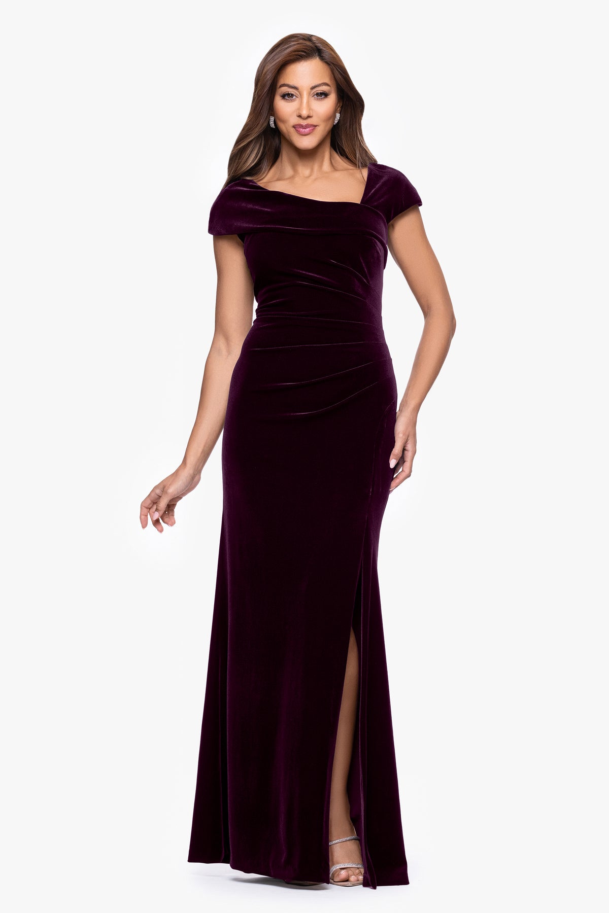 "Katrina" Velvet Asymmetrical Neckline Cap Sleeve Dress