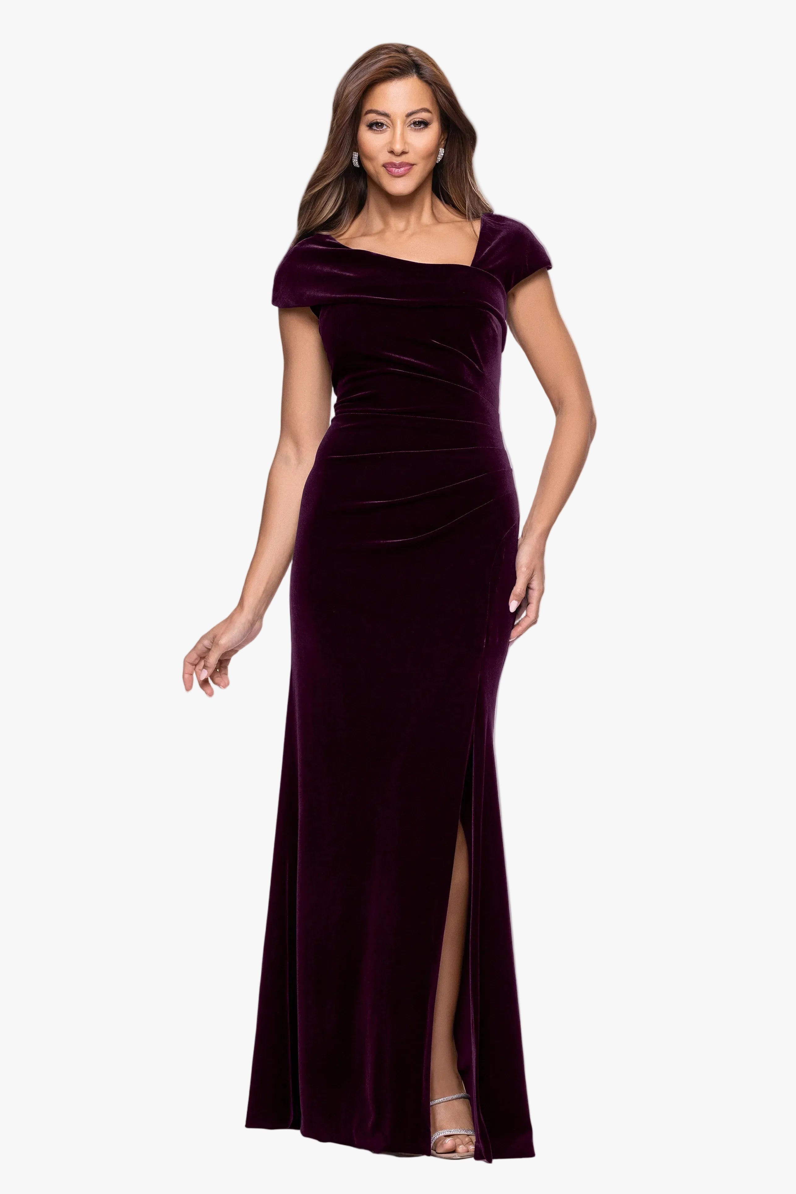 "Katrina" Velvet Asymmetrical Neckline Cap Sleeve Dress