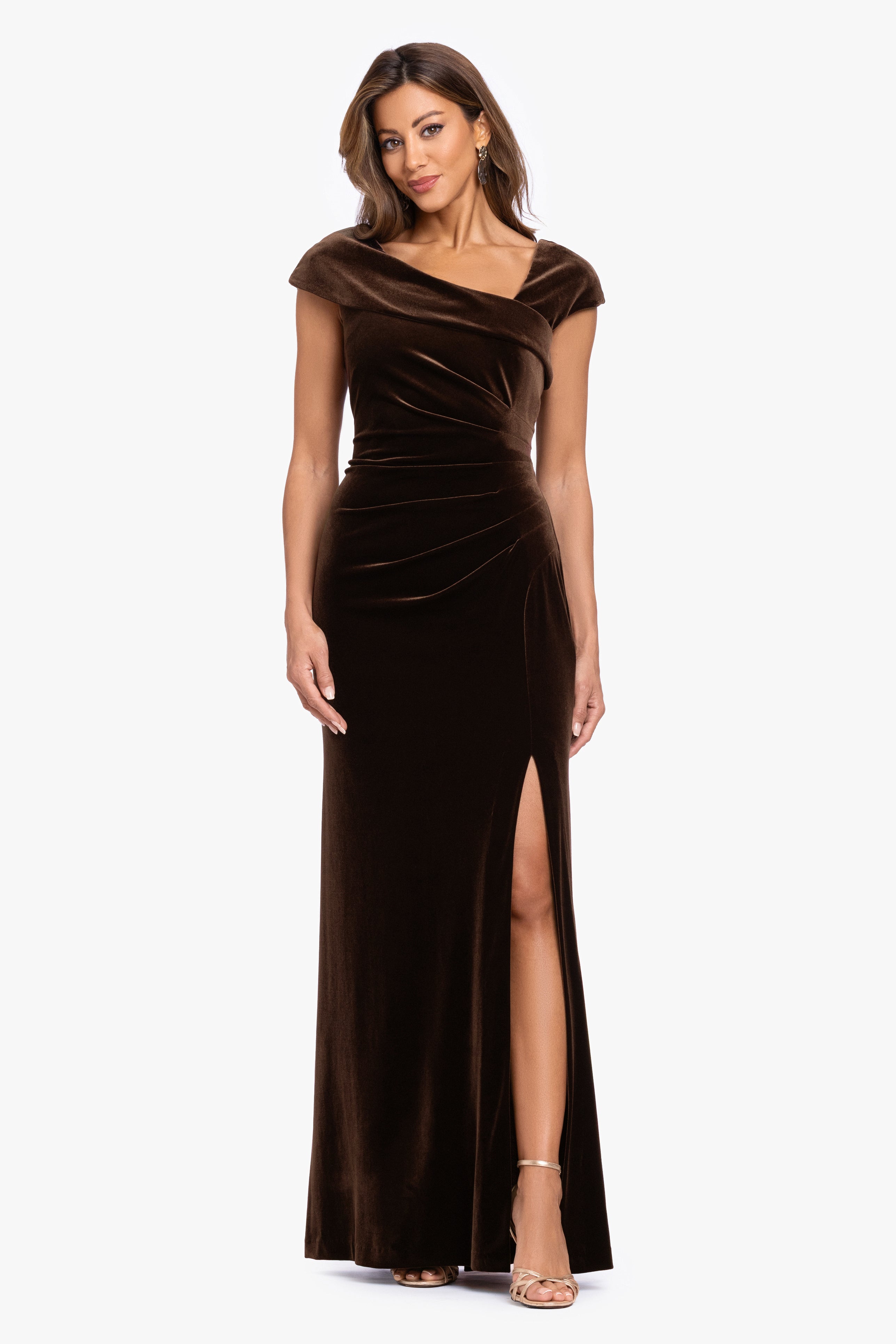 "Katrina" Velvet Asymmetrical Neckline Cap Sleeve Dress