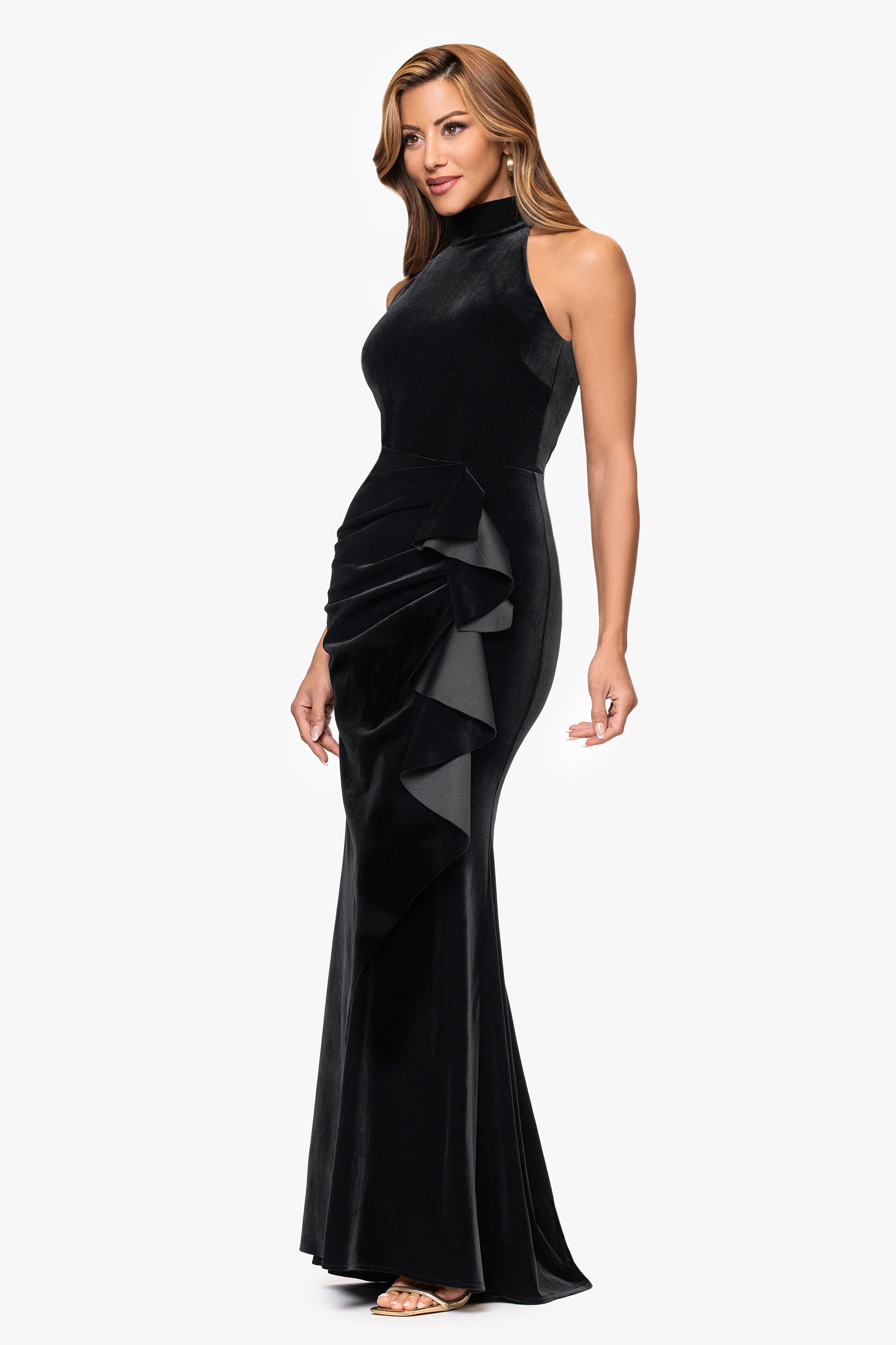 "Roweena" Velvet Mock Halter Neck Floor Length Dress