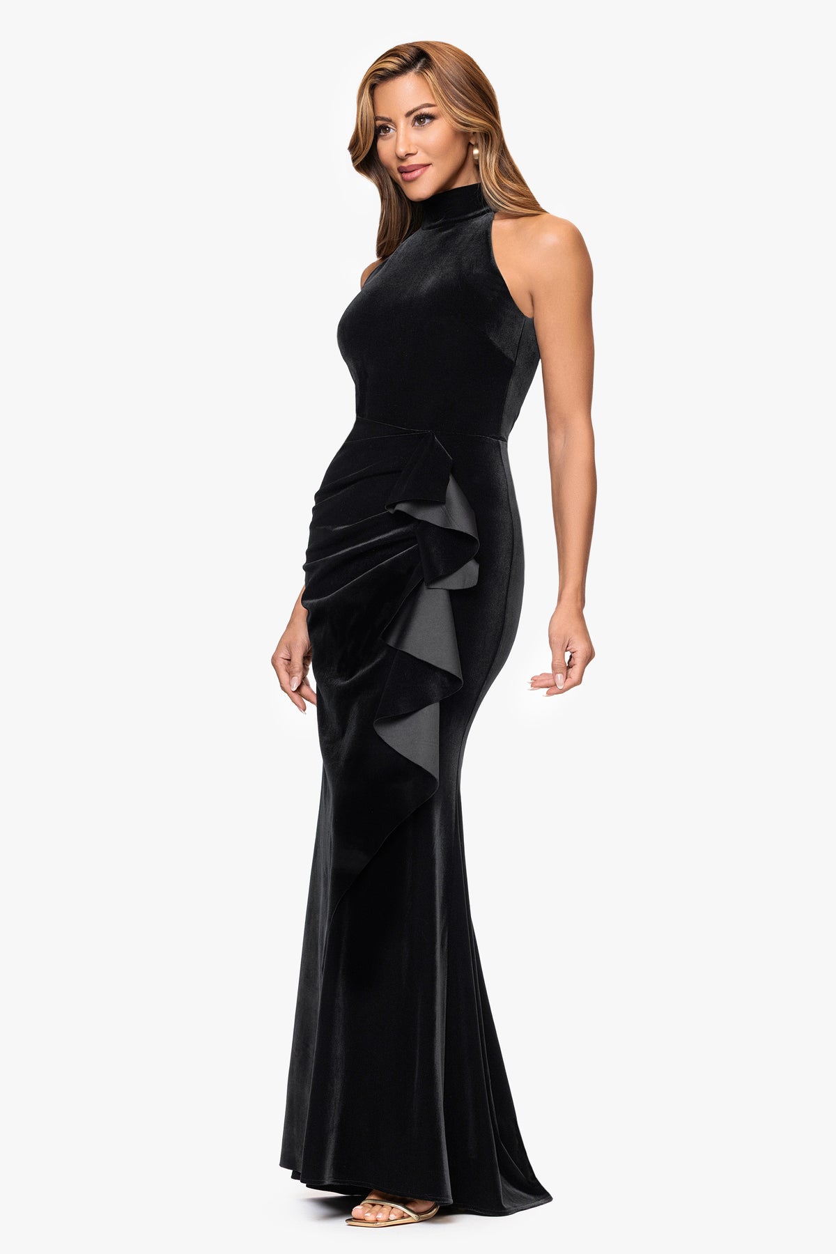 "Shelby" Stretch Velvet Side Ruched Ruffle Dress